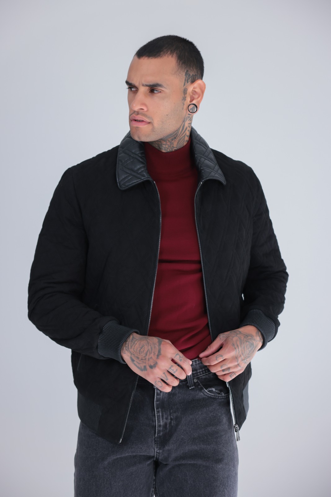 Men’s Genuine Suede Leather Bomber Jacket Black Rib Knit Zip 26″ – 65cm