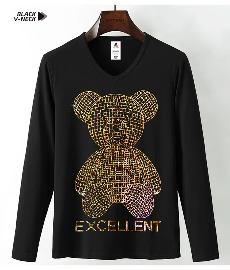 Fashion Trend Bear Rhinestones Streetwear Long Sleeve Luxury Men V-Neck T-Shirt