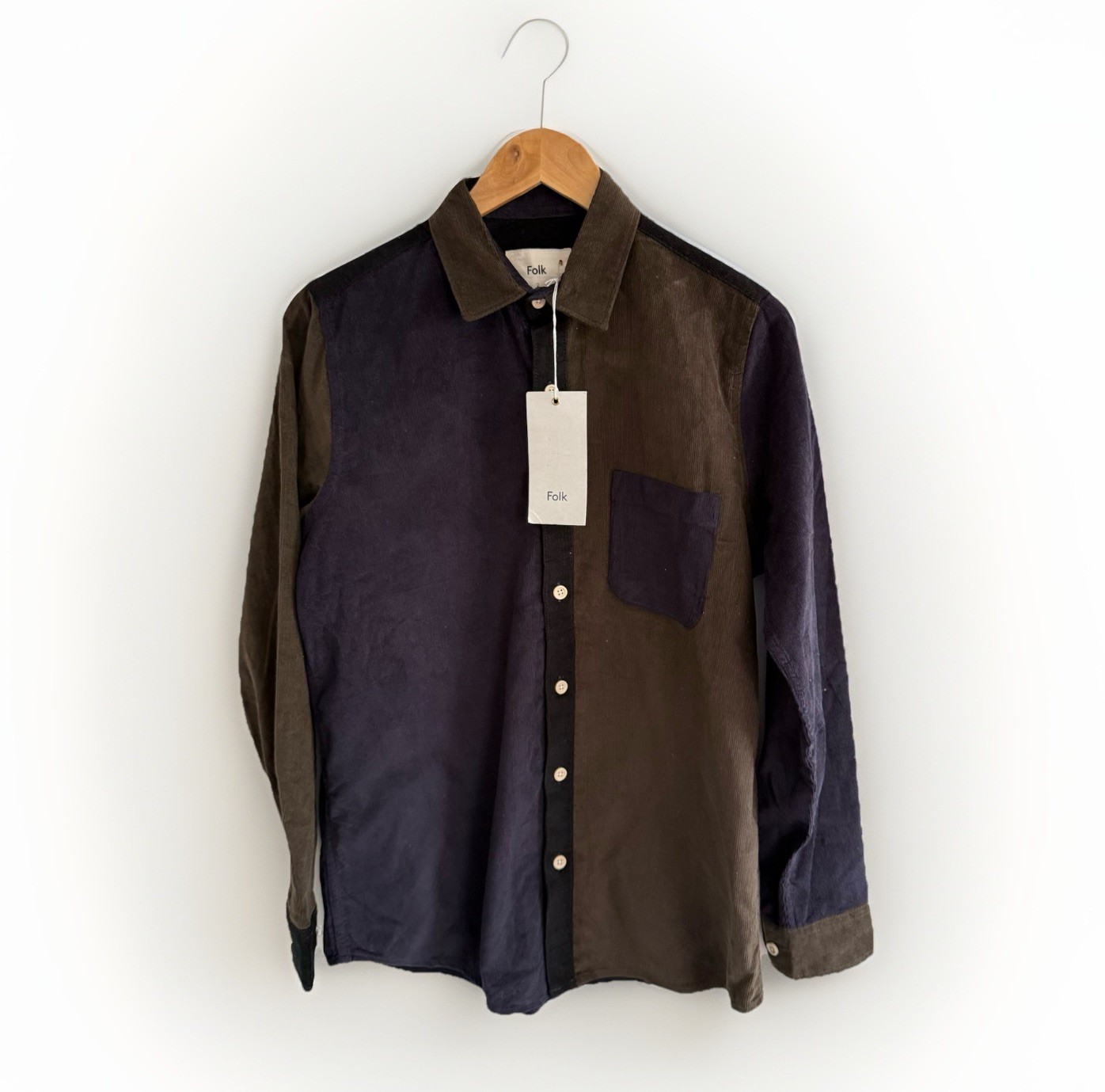 Folk Harper Colour Block Corduroy Shirt Mens Small 2 Khaki Navy Button Up BNWT