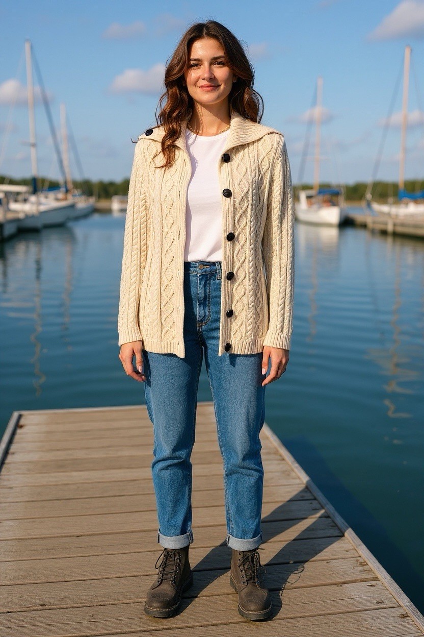 Cable Knit Cardigan Sweater Womens L Buttons Nautical Coastal Fisherman Chunky