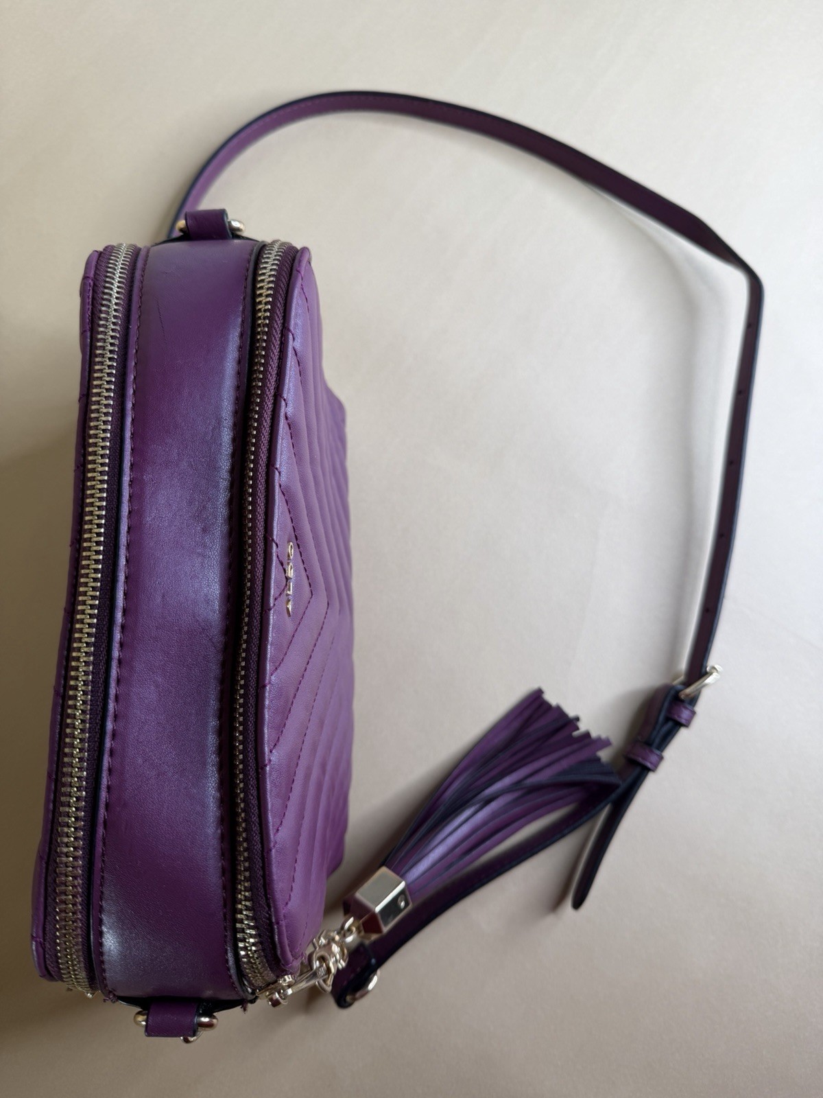 ALDO Purple Quilted Crossbody Bag Double Zip Tassel Gold Tone Hardware
