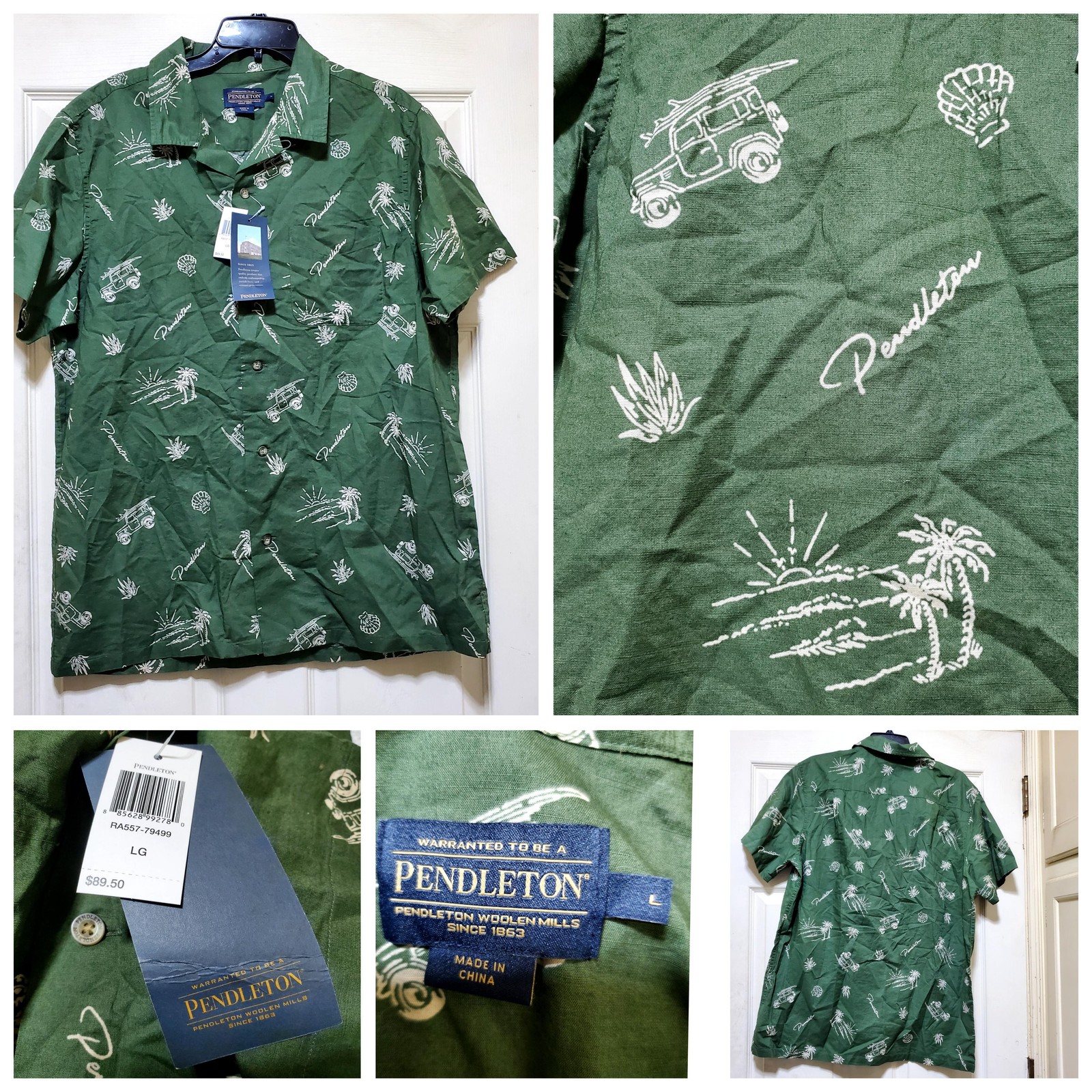 Pendleton Shirt Mens Large Green Hawaiian Aloha Camp Looped Collar Cotton Surf