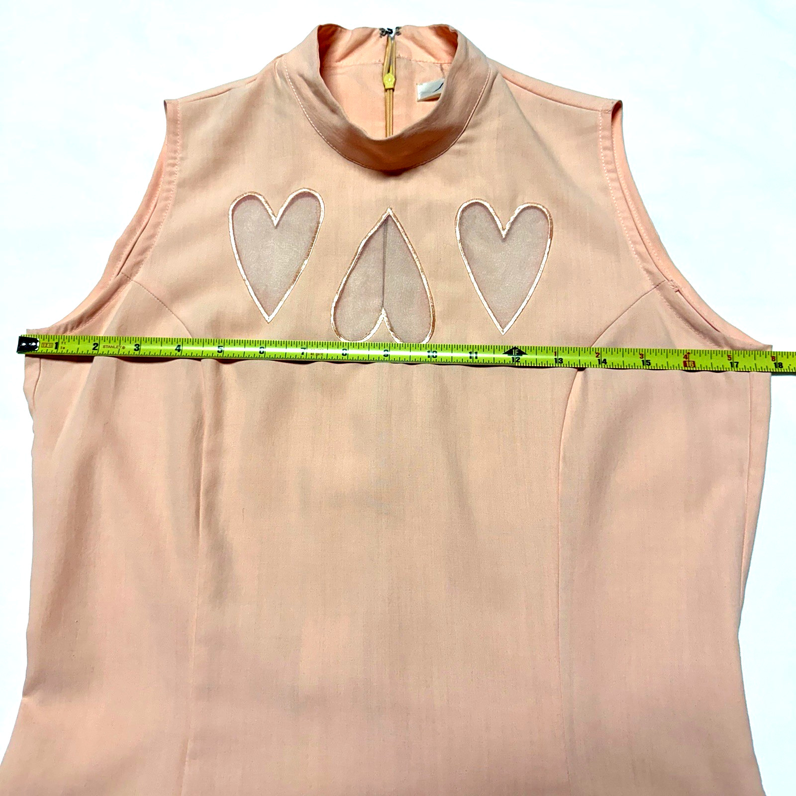 Vintage 90s Seize Sleeveless Mock Neck Top Salmon Pink Heart Cutout Sheer S Y2K