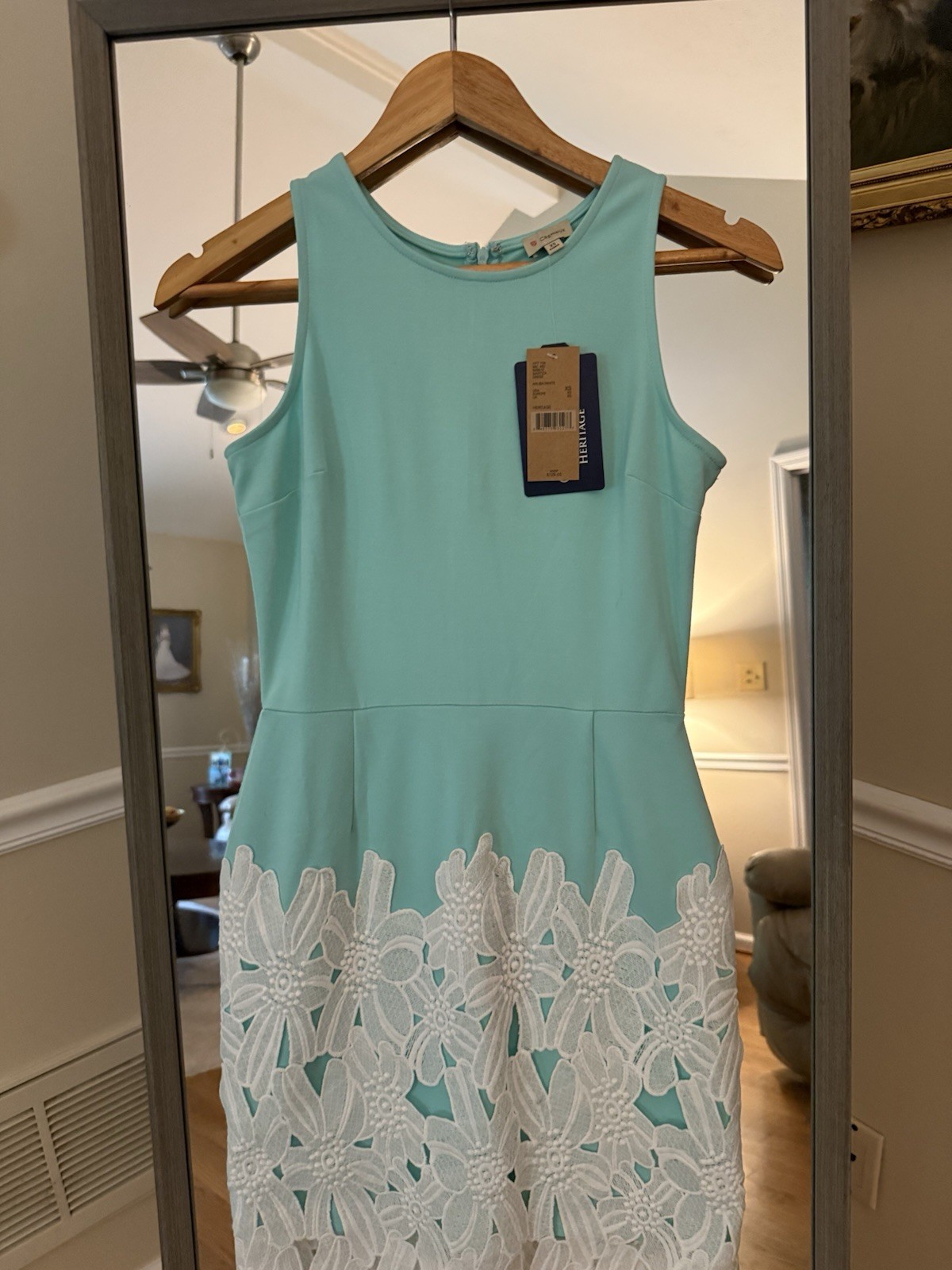 DANIEL CREMIEUX•MARITZA DRESS•SZ Xs Teal SHEATH BAND WHITE FLOWERS•SPRING