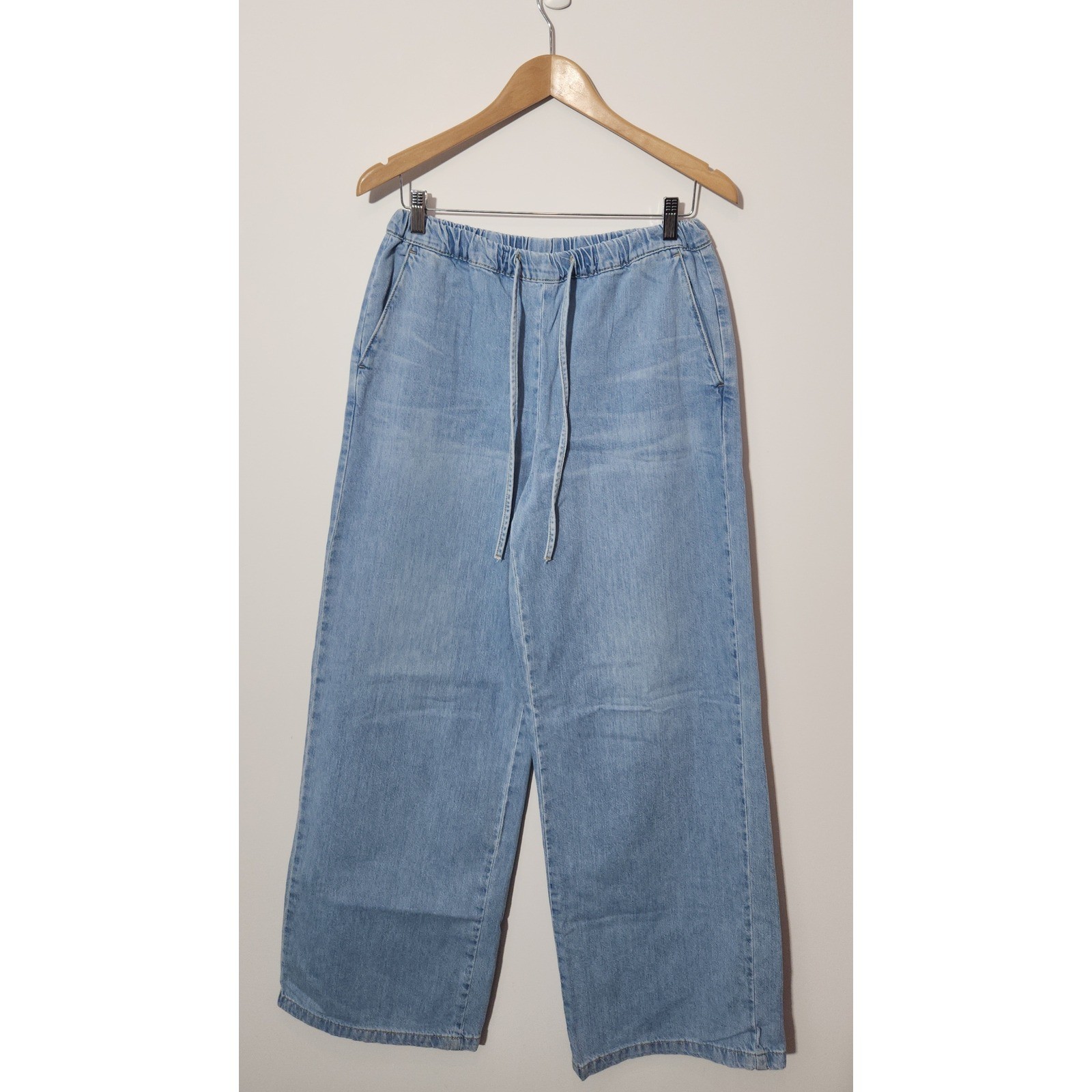 Zara Womens Wide Leg Drawstring Jeans Light Wash Blue High Rise Size Medium