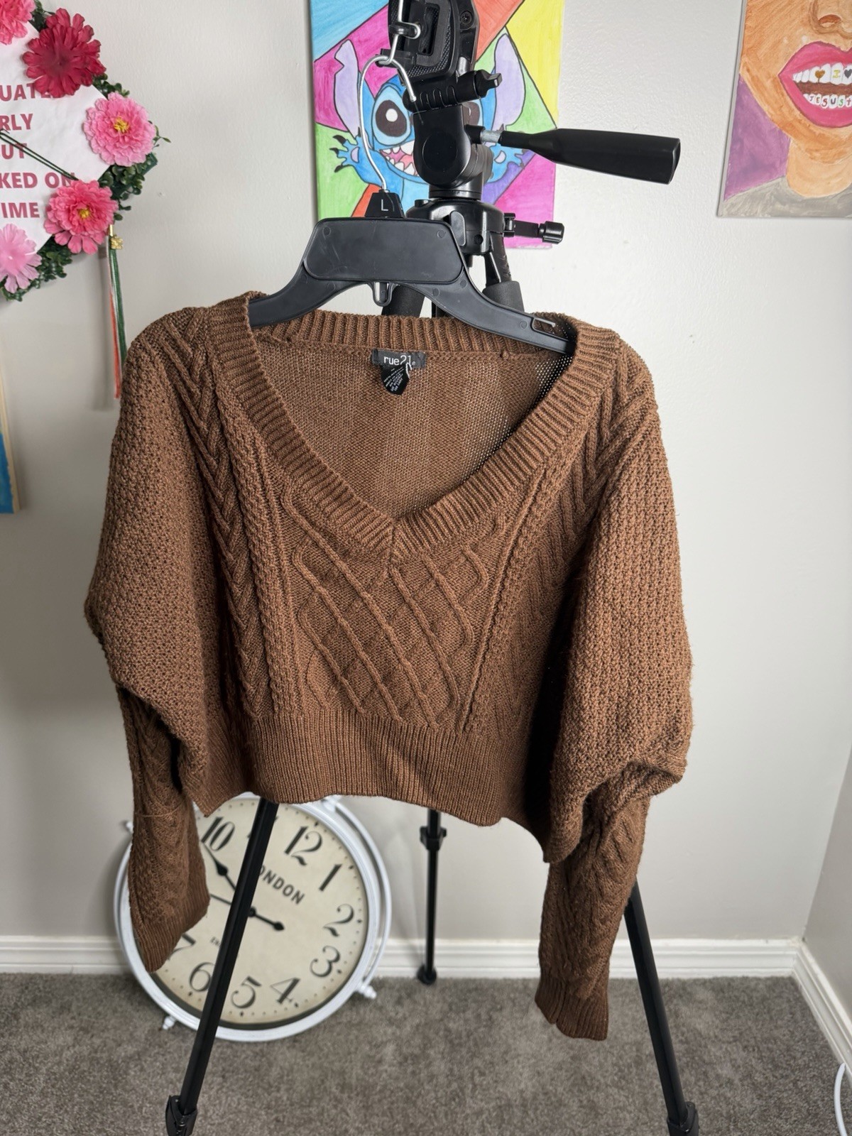 rue21 Brown Cable-Knit V-Neck Cropped Pullover Sweater Long Sleeve M