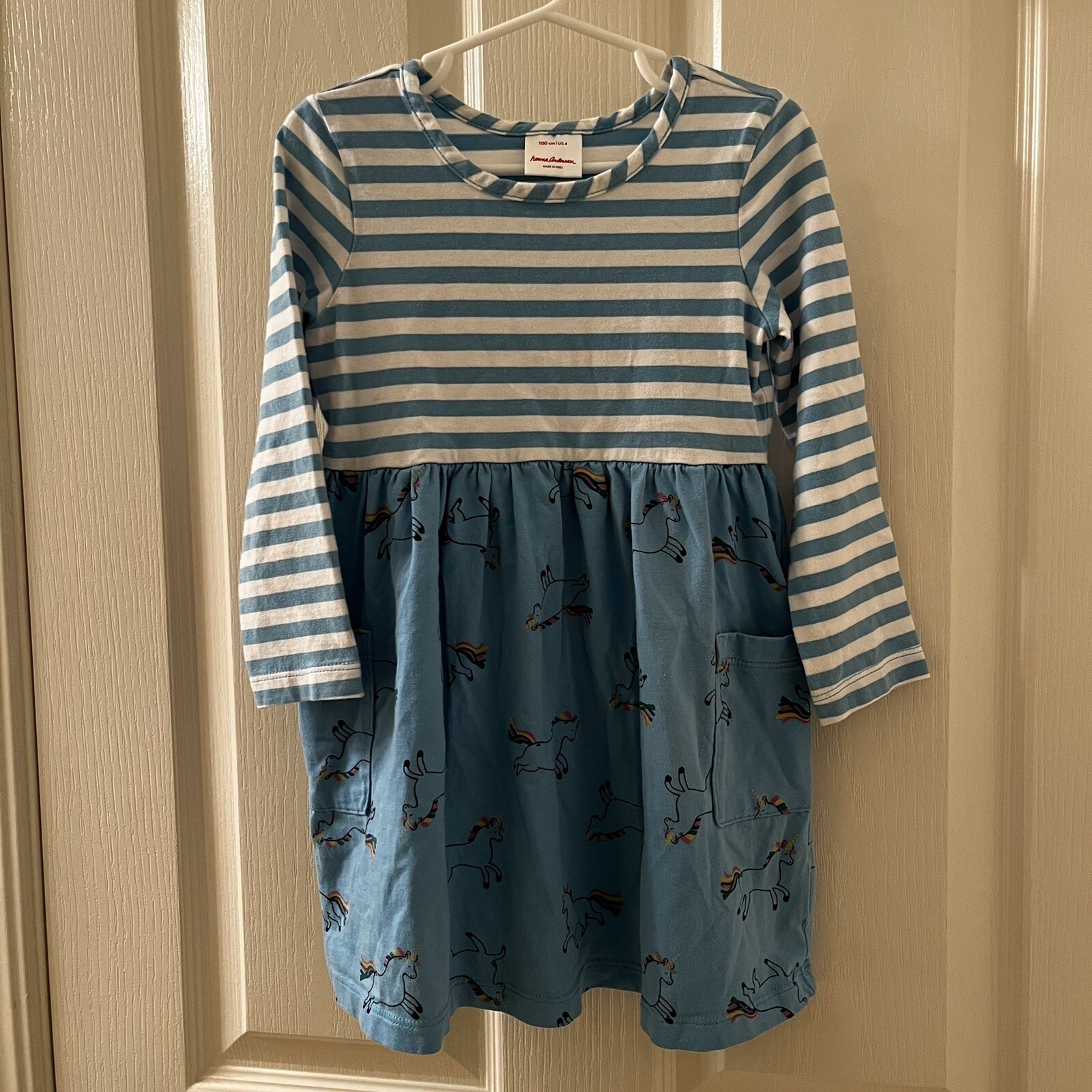 Hanna Andersson Mixie Playdress Dress Blue Striped Unicorn Pockets Size 100 US 4