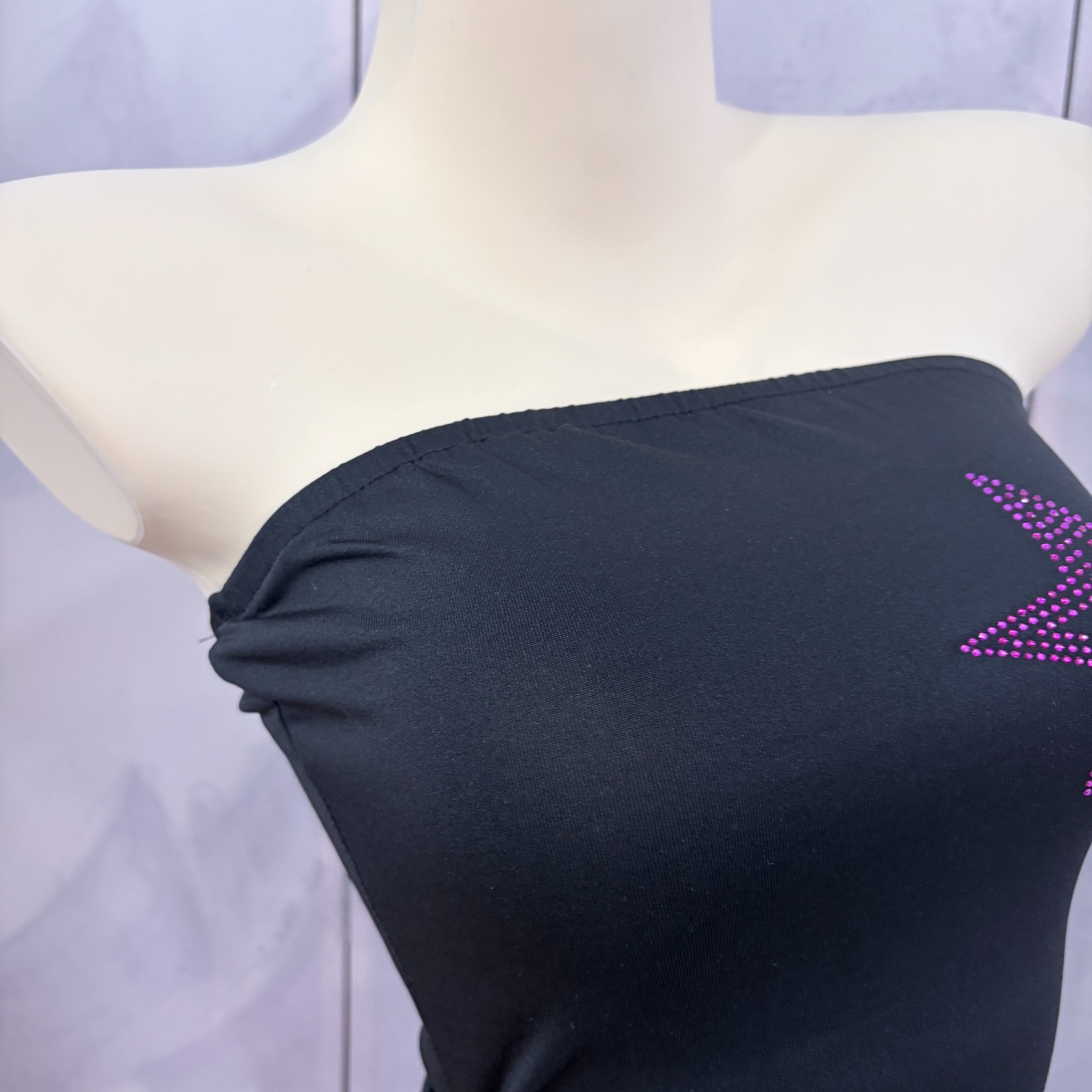Y2K Purple Rhinestone Star Ruched Black Strapless Tube Top ｜Size S