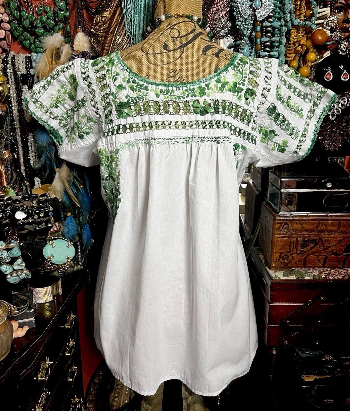 Gorgeous Oaxaca Tunic In White With Multi Greens Embroidery White Crochet Sz L