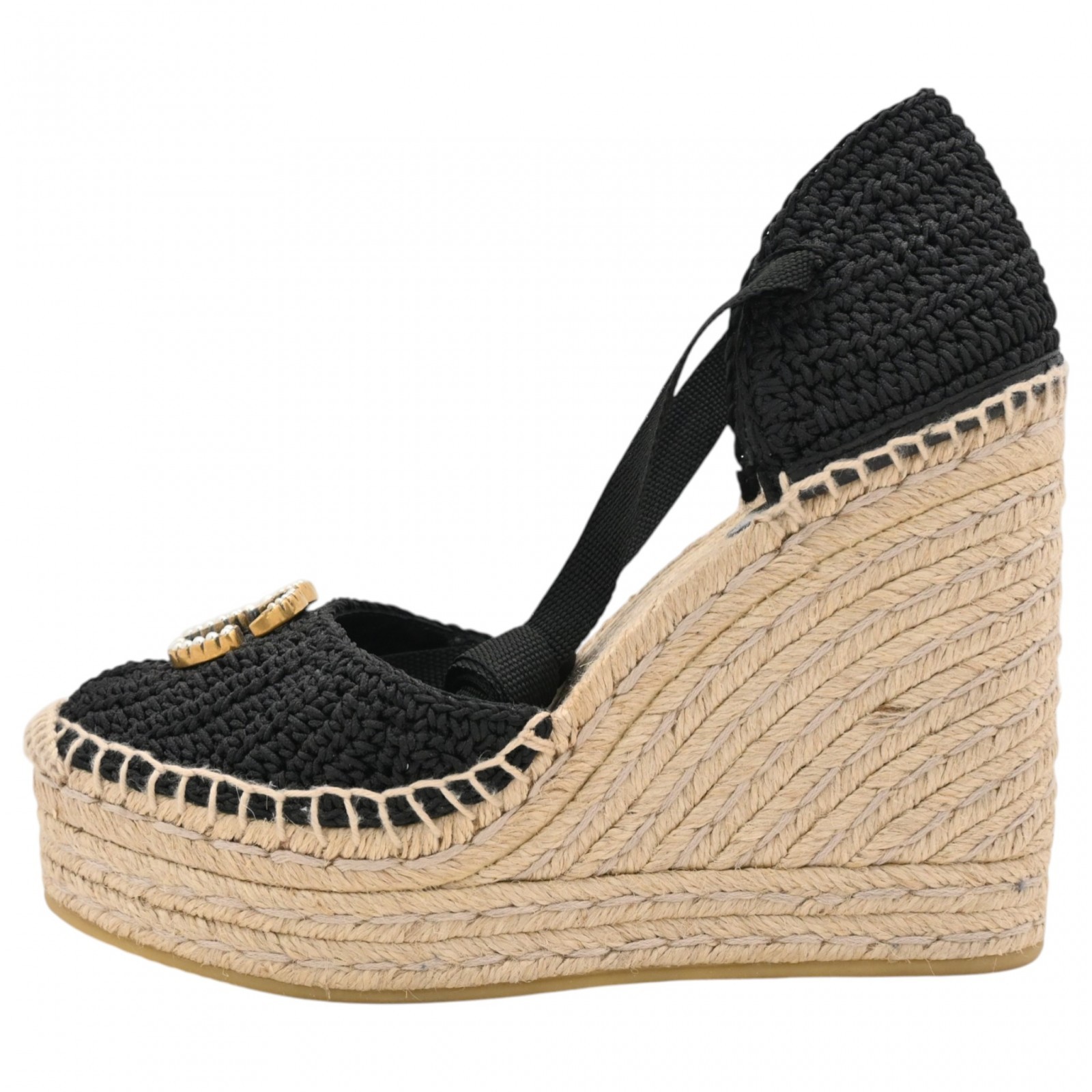 Auth GUCCI GG Marmont Espadrille Wedge Sole Sandals Black × Beige gu8934ns