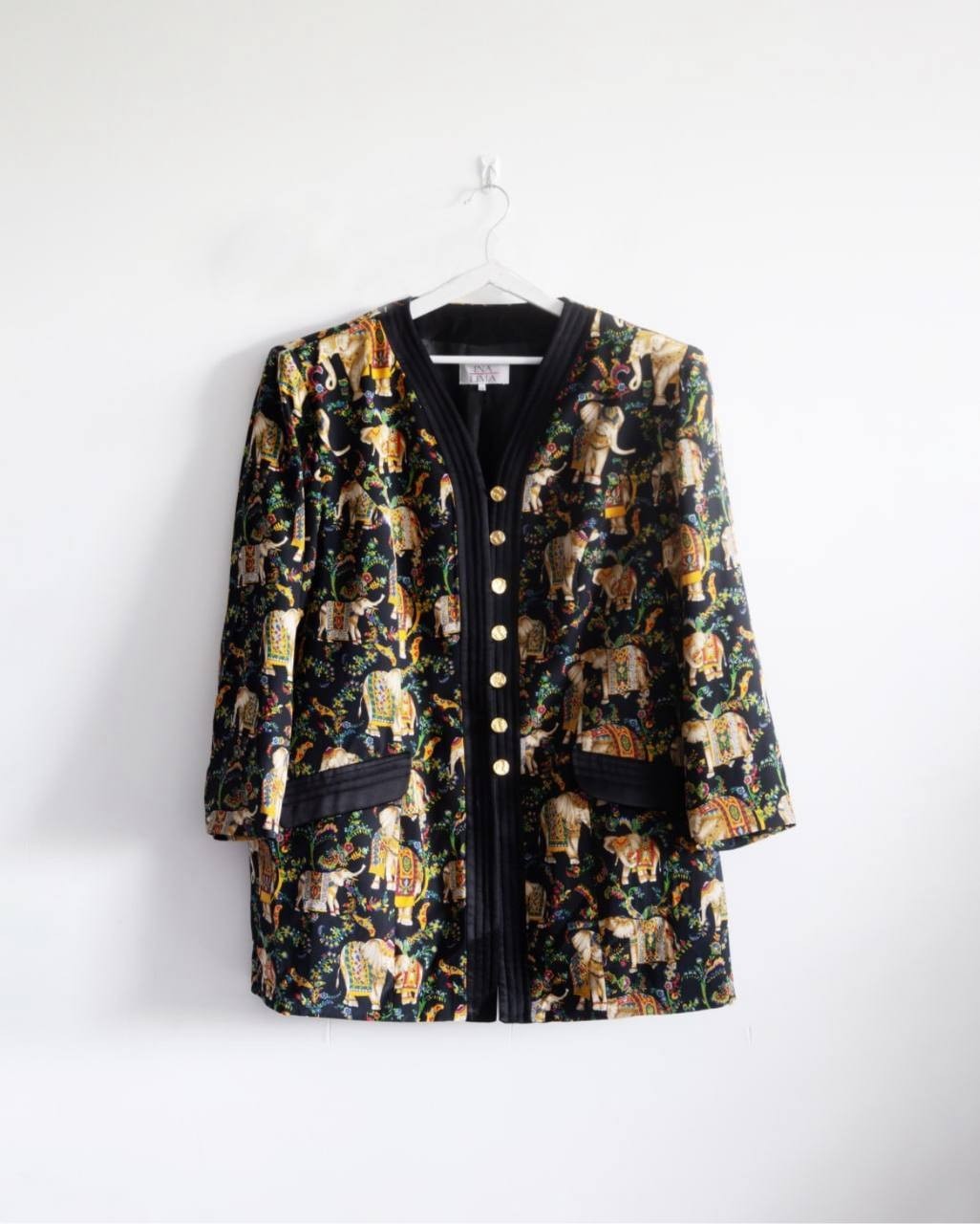 Vintage INA LIMA Silk Jacket 80s 90s Elephant Pattern Orient Oversize L/XL