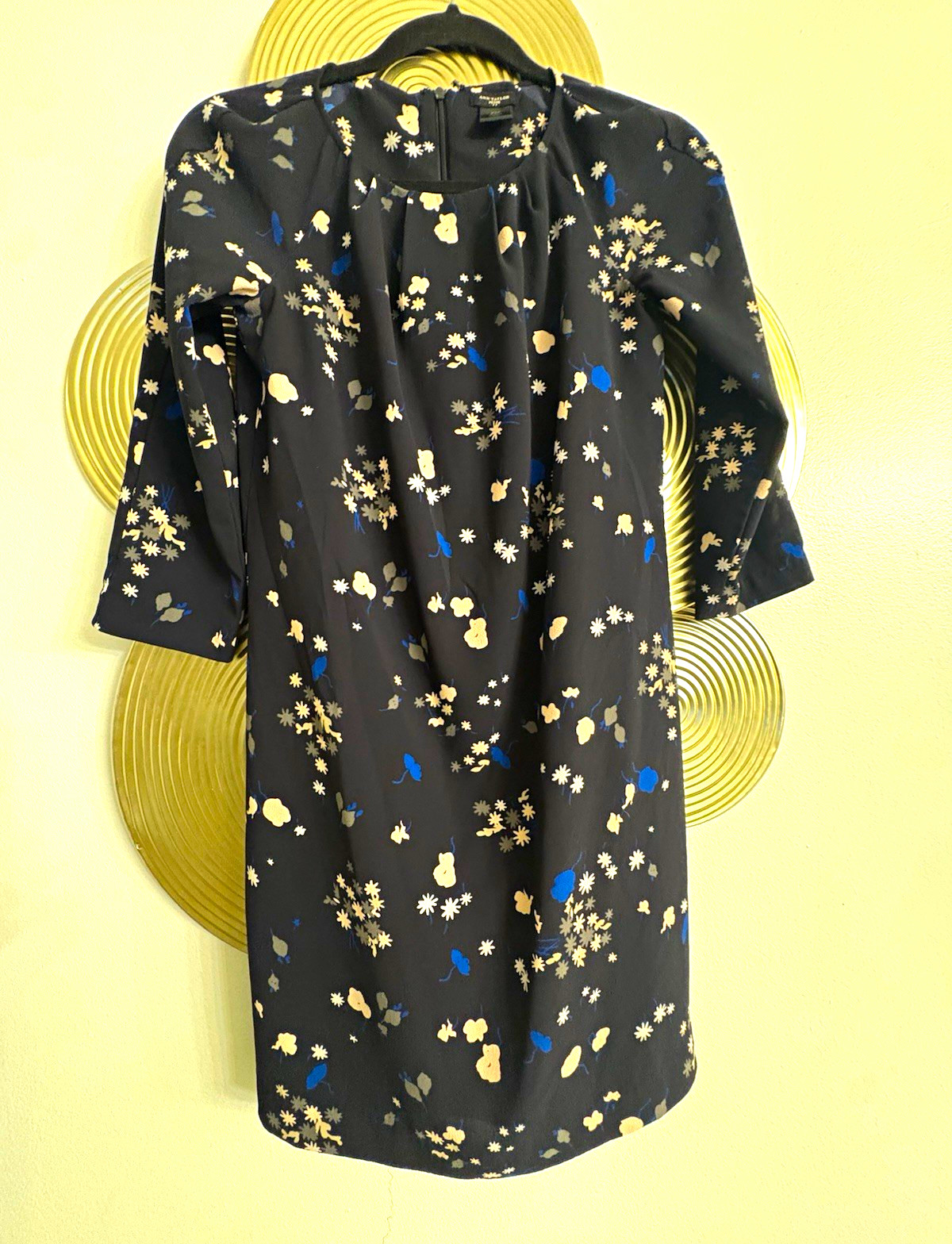 Ann Taylor Women’s Petite XSP Floral Shift Dress Black Beige Blue 3/4 Sleeve