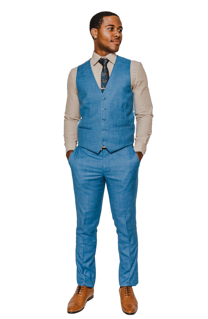 Slim Fit Blue Windowpane 2 Button 3 Piece Vested Notch Lapel Suit By AZARMAN NEW
