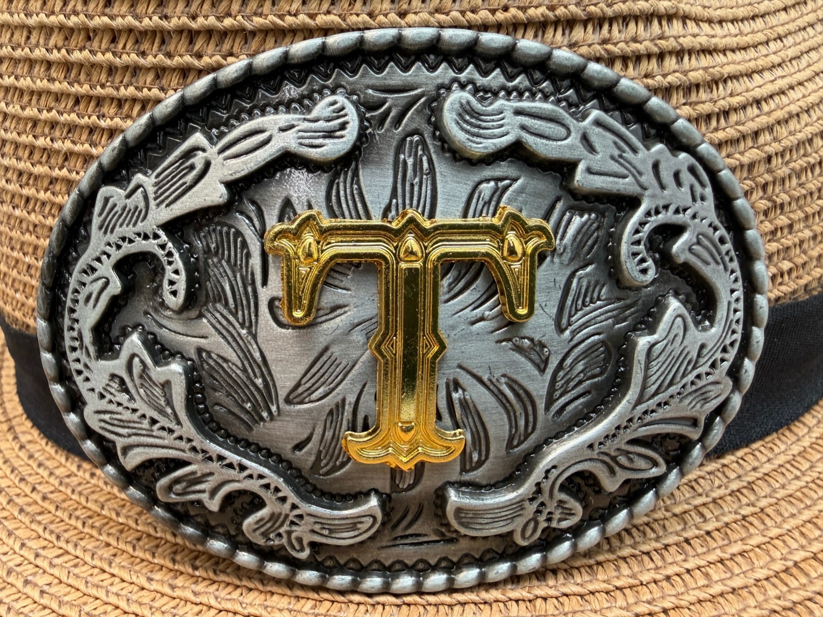 Antiqued Silver Gold Initial T Oval Western Cowboy Floral Vine Belt Buckle