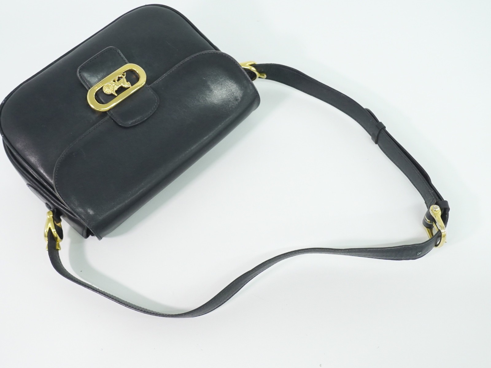 CELINE Horse Carriage Hardware Leather Shoulder Bag Navy Gold
