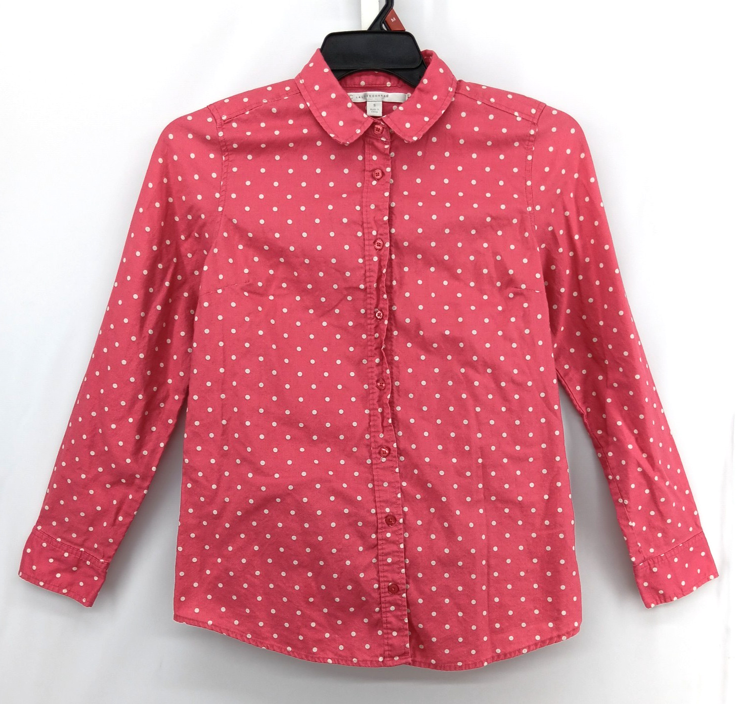 LC Lauren Conrad Shirt Women Small Pink White Polka Dot Long Sleeve Button Up