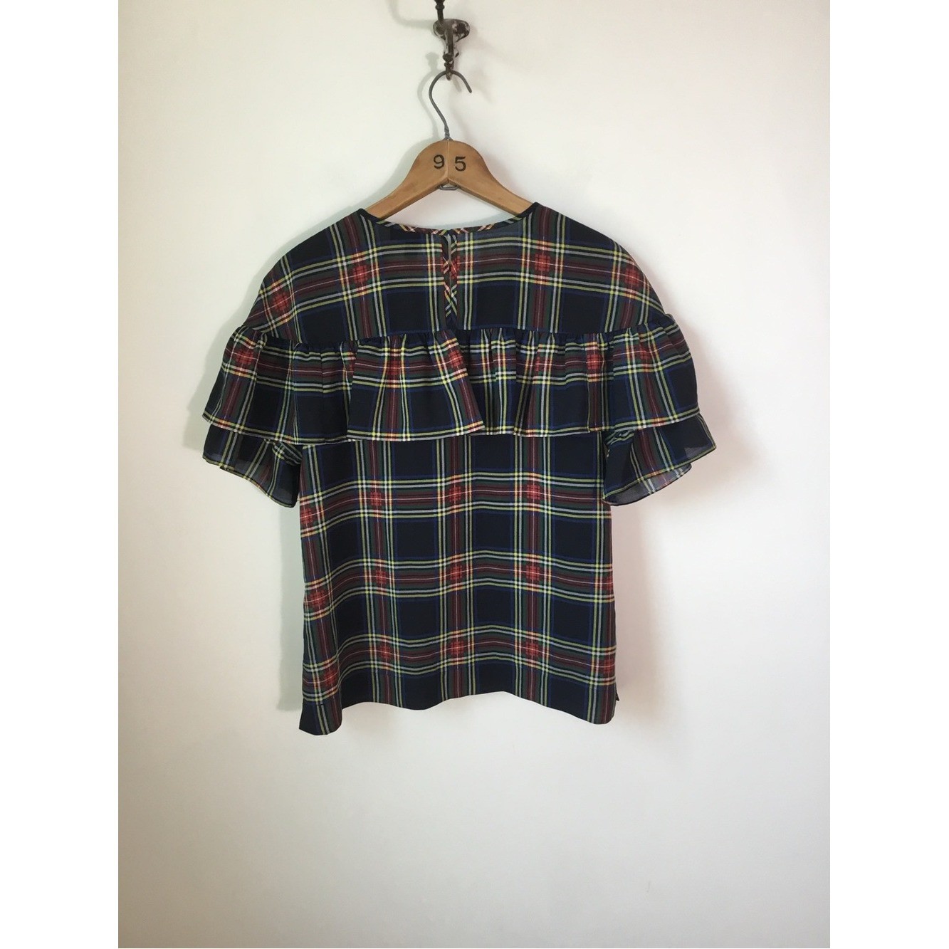 J. Crew Steward Tartan Plaid Flutter Short Sleeve Ruffle Shirt