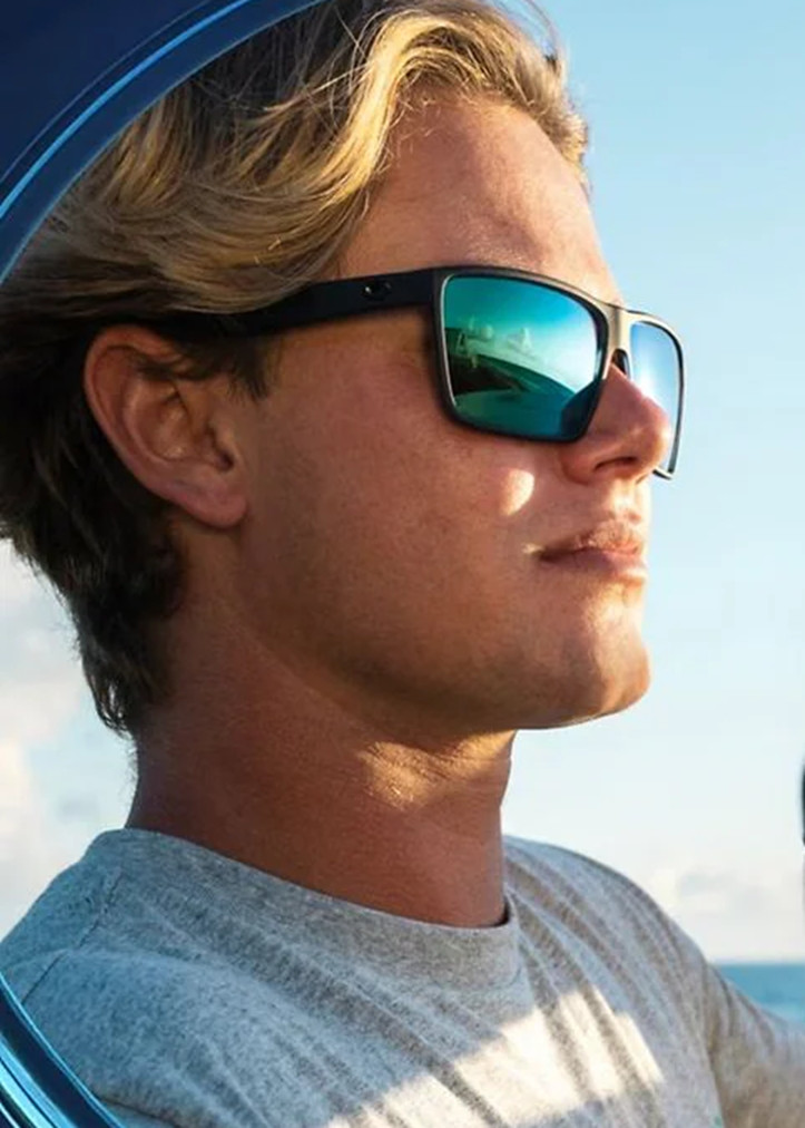 COSTA DEL MAR shiny black/green mirror RINCON polarized 580P sunglasses NEW!