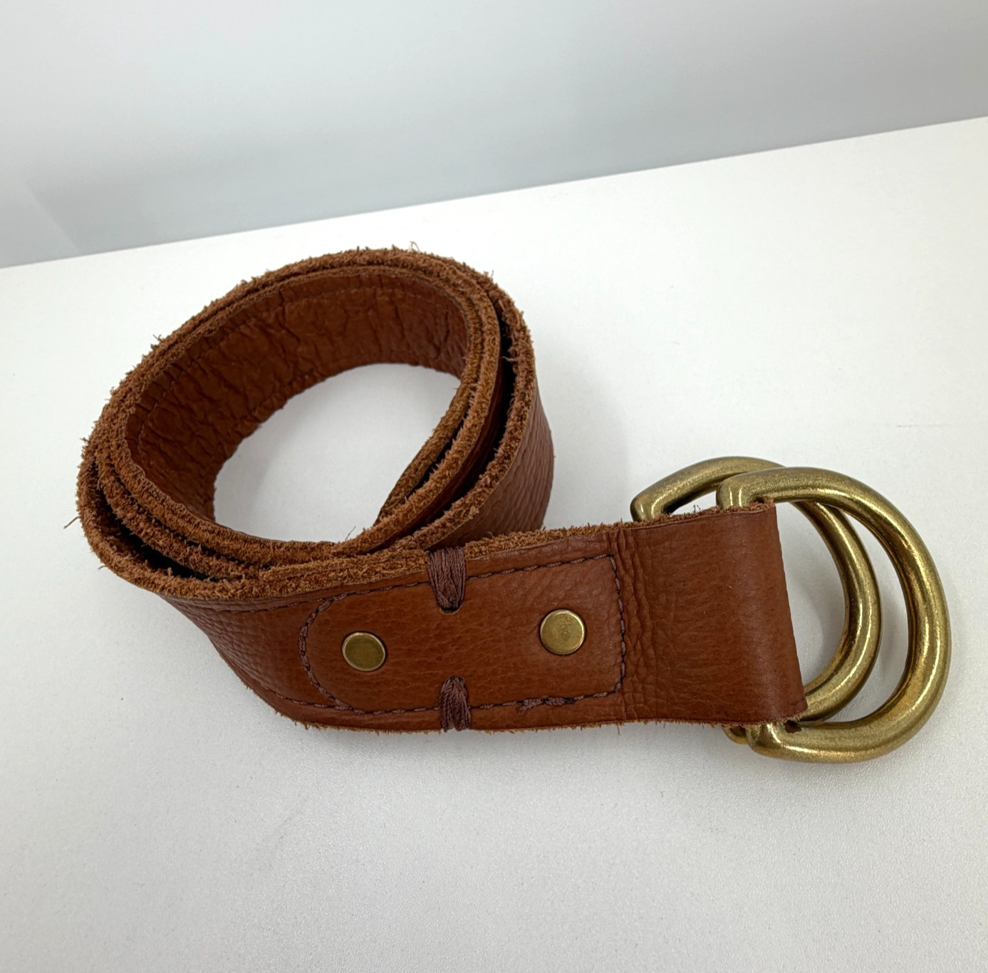 Leather Double D-Ring Belt Caramel Brown Measures 43″ Long, 1.25″ Wide