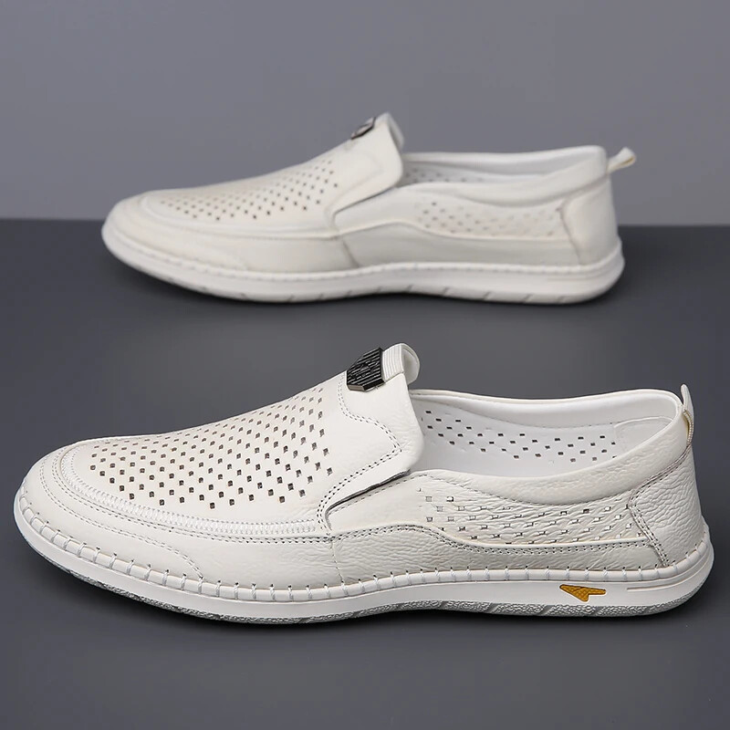 Men’s Casual Breathable Loafer Genuine Leather Moccasin Hollow Out Driving Shoes