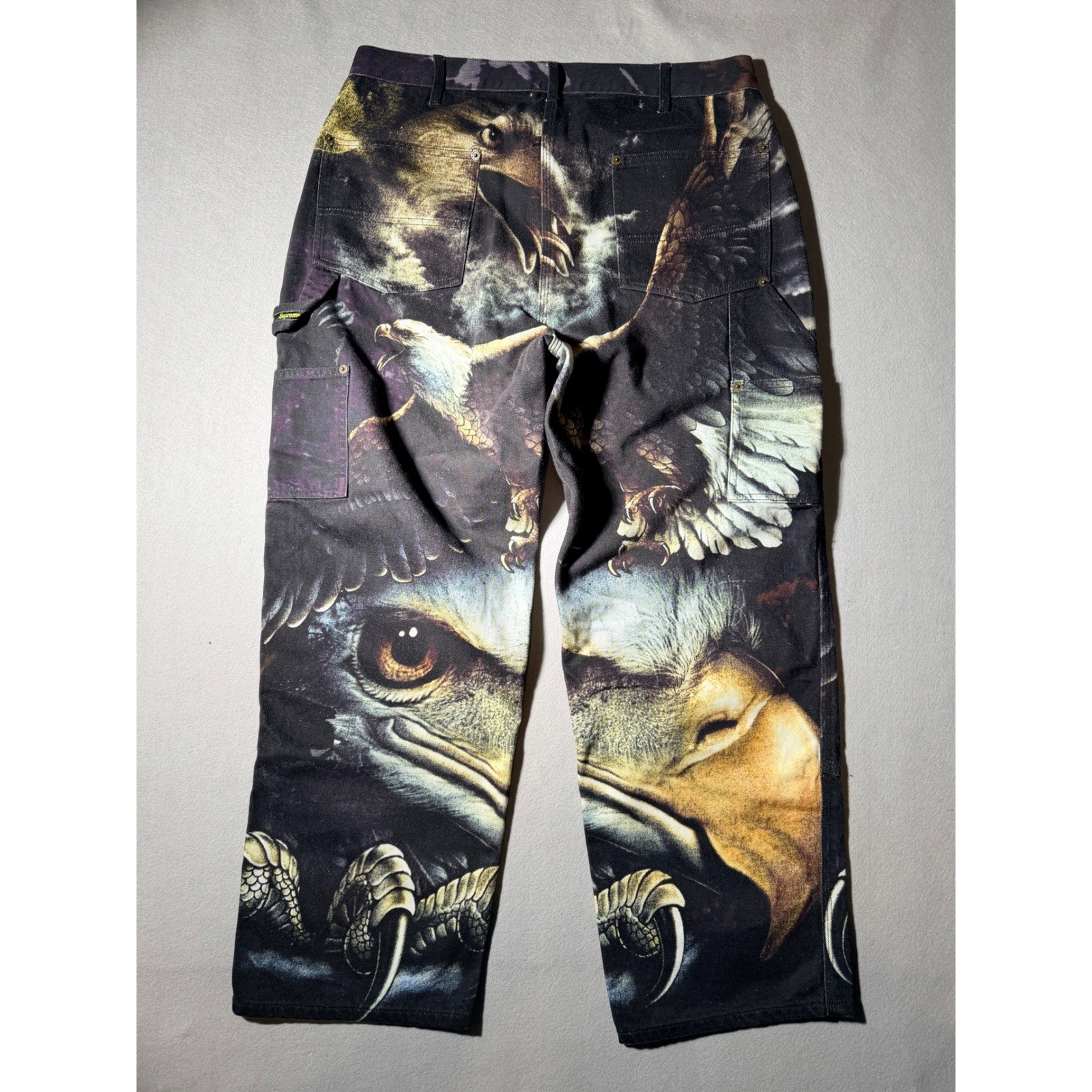 2021 Supreme Eagle Double Knee Painter Pants Mens 32 Black All Over Print