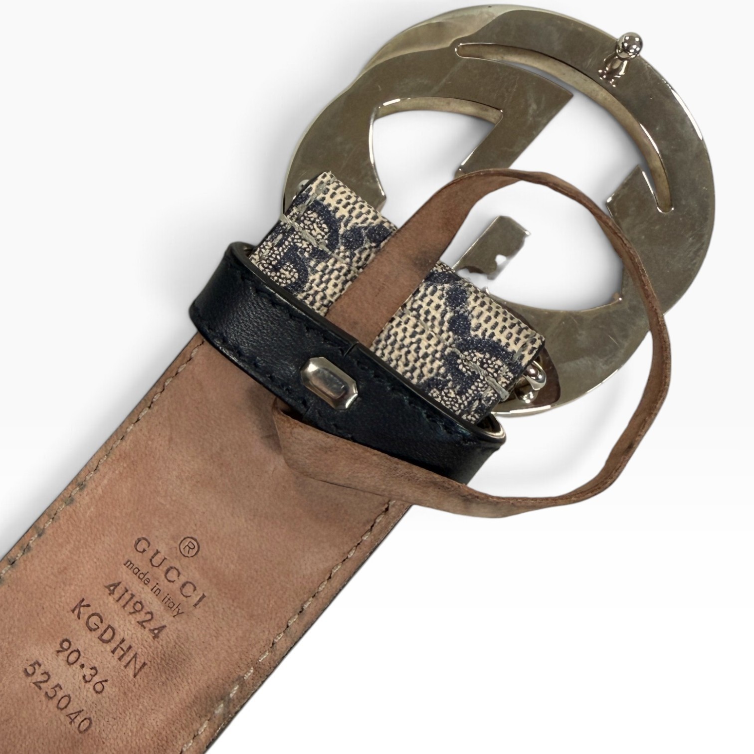 GUCCI GG Supreme Belt Interlocking G Buckle Mens Beige Ebony 90-36 Authentic