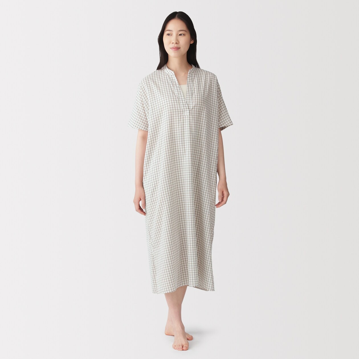 MUJI Womens 100% Organic Cotton Dobby 1/2 Sleeve Dress Ivory Check FedEx