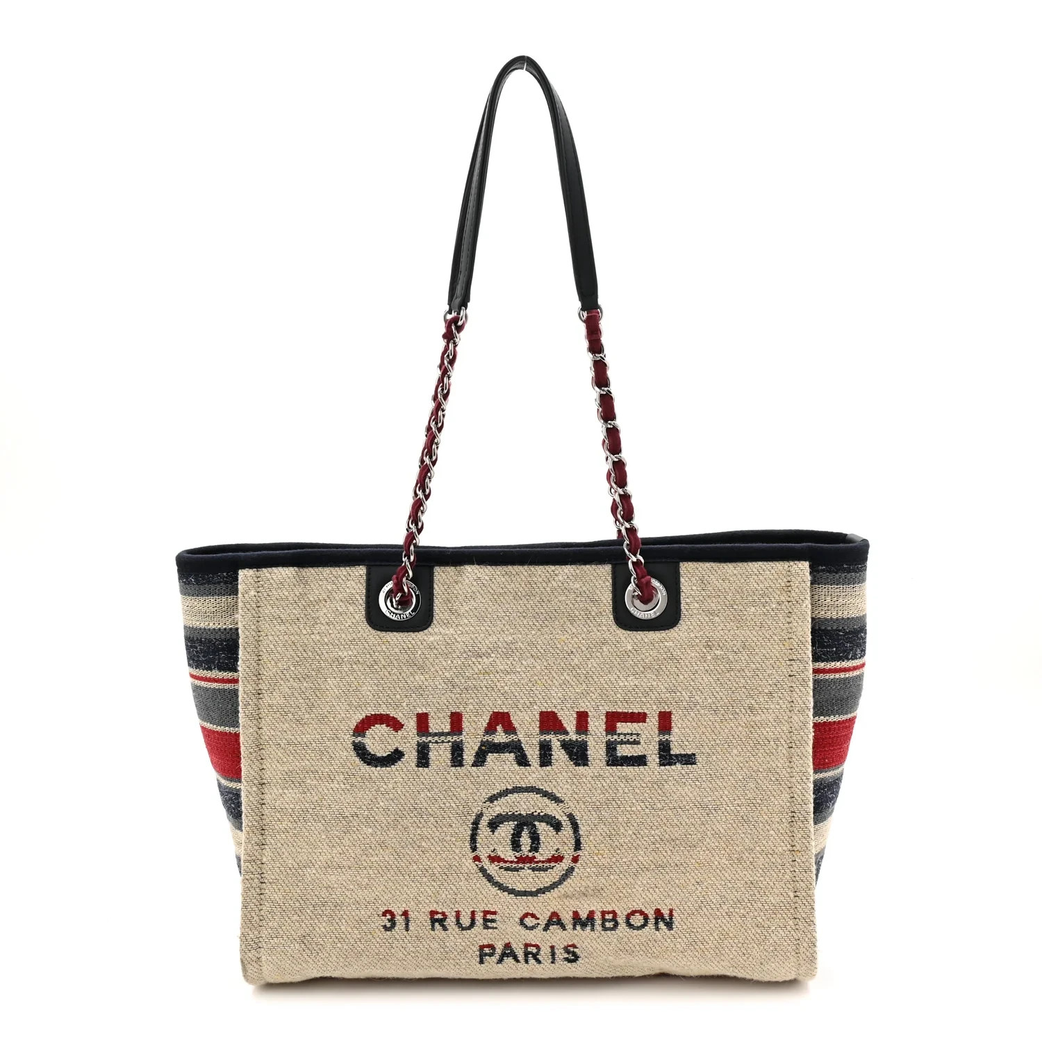 Chanel Striped Canvas Large Deauville Tote Tote Shopper Shoulder Bag Beige
