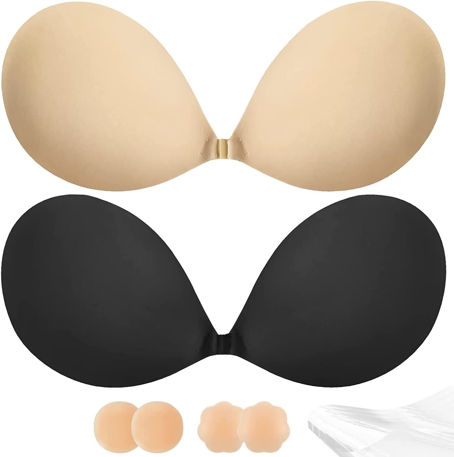 Adhesive Bra Push Up for Women 2Pair,Sticky Invisible Lifting Bra (Black+Nude/C)