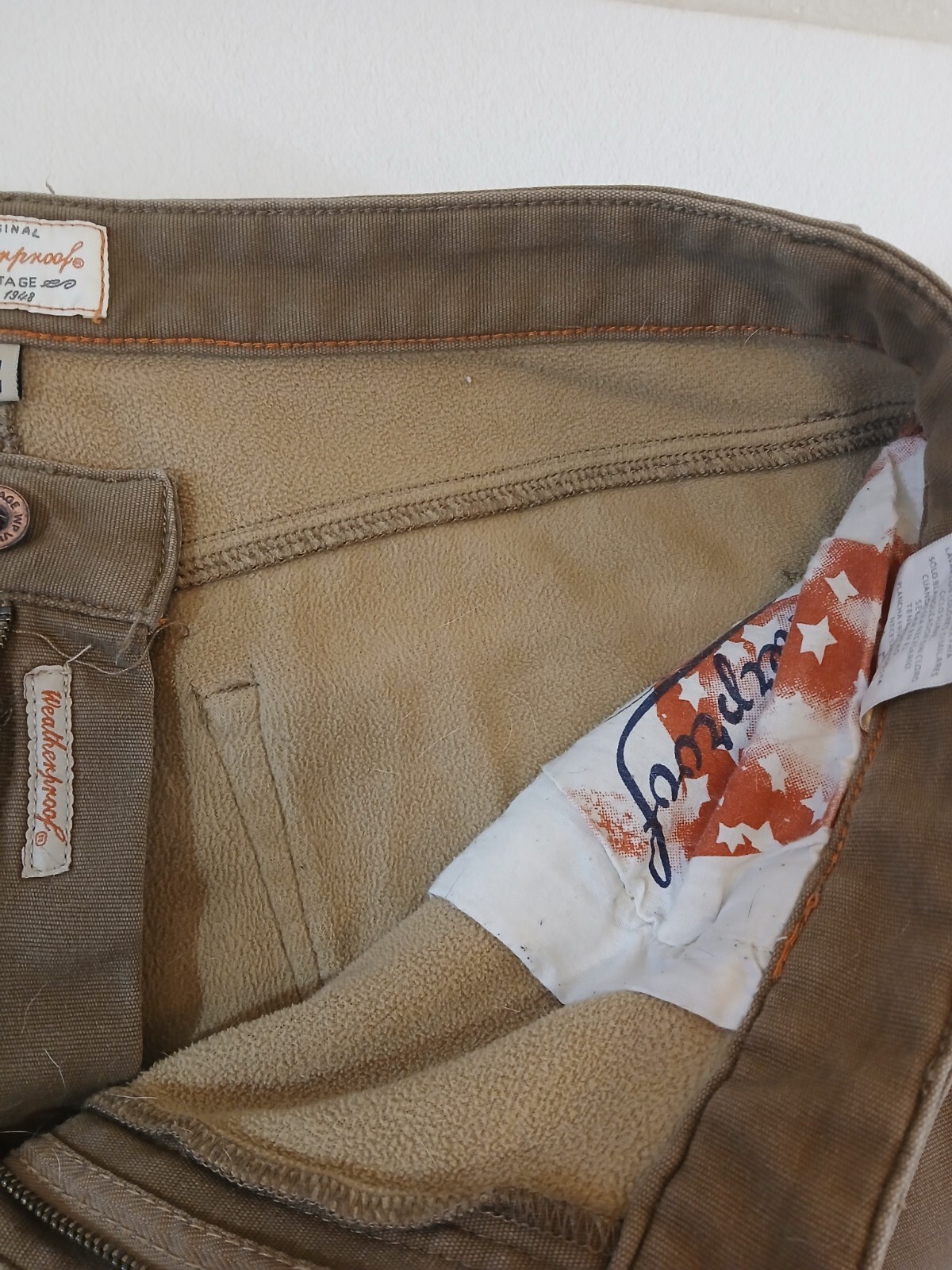 Weatherproof PANTS Fleece Lined Stretch Canvas Tan Size 40 X 30 Paint Specks