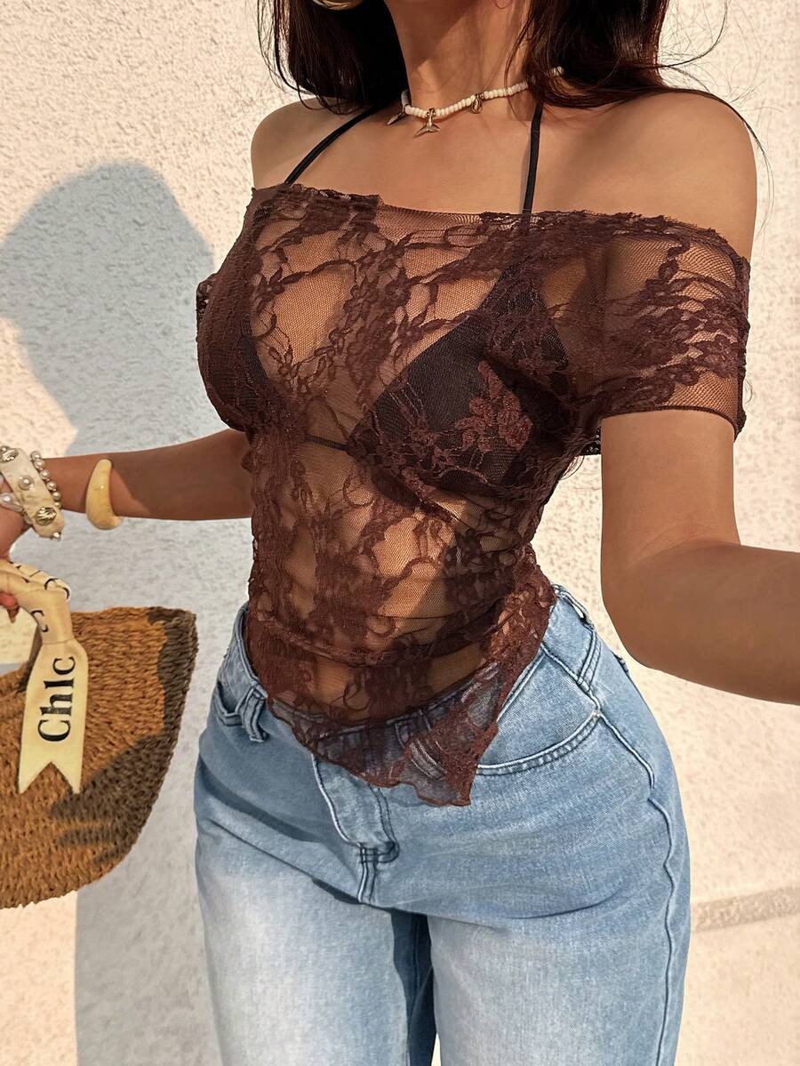 Floral Lace Sheer Fitted Crop Top Asymmetrical Hem Side Slit Short Sleeve