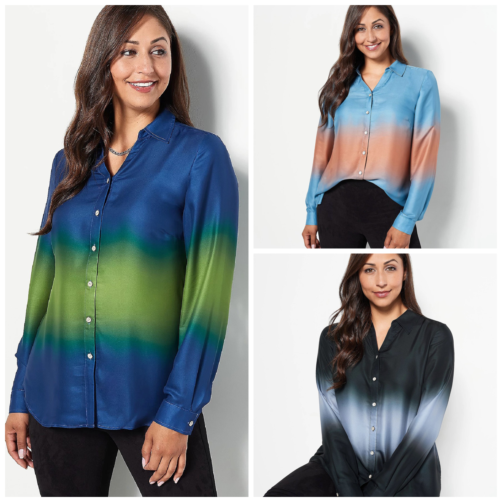 Susan Graver Ombre Printed Silky Shirt Charmeuse Long Sleeve XXS XS S M L XL NEW