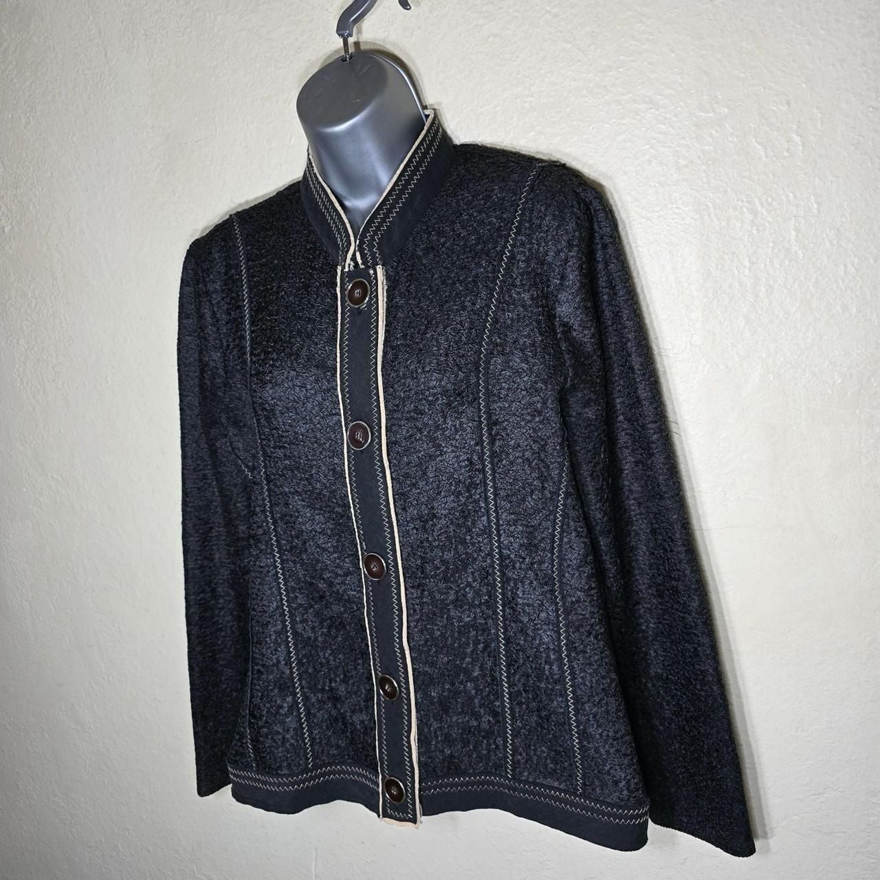 Chico’s Crinkled Textured Mandarin Collar Jacket with Contrast Stitching