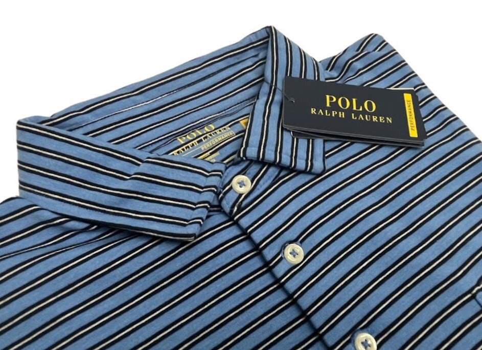 Polo Ralph Lauren Mens Performance Short Sleeve Shirt Blue Striped Jersey $98