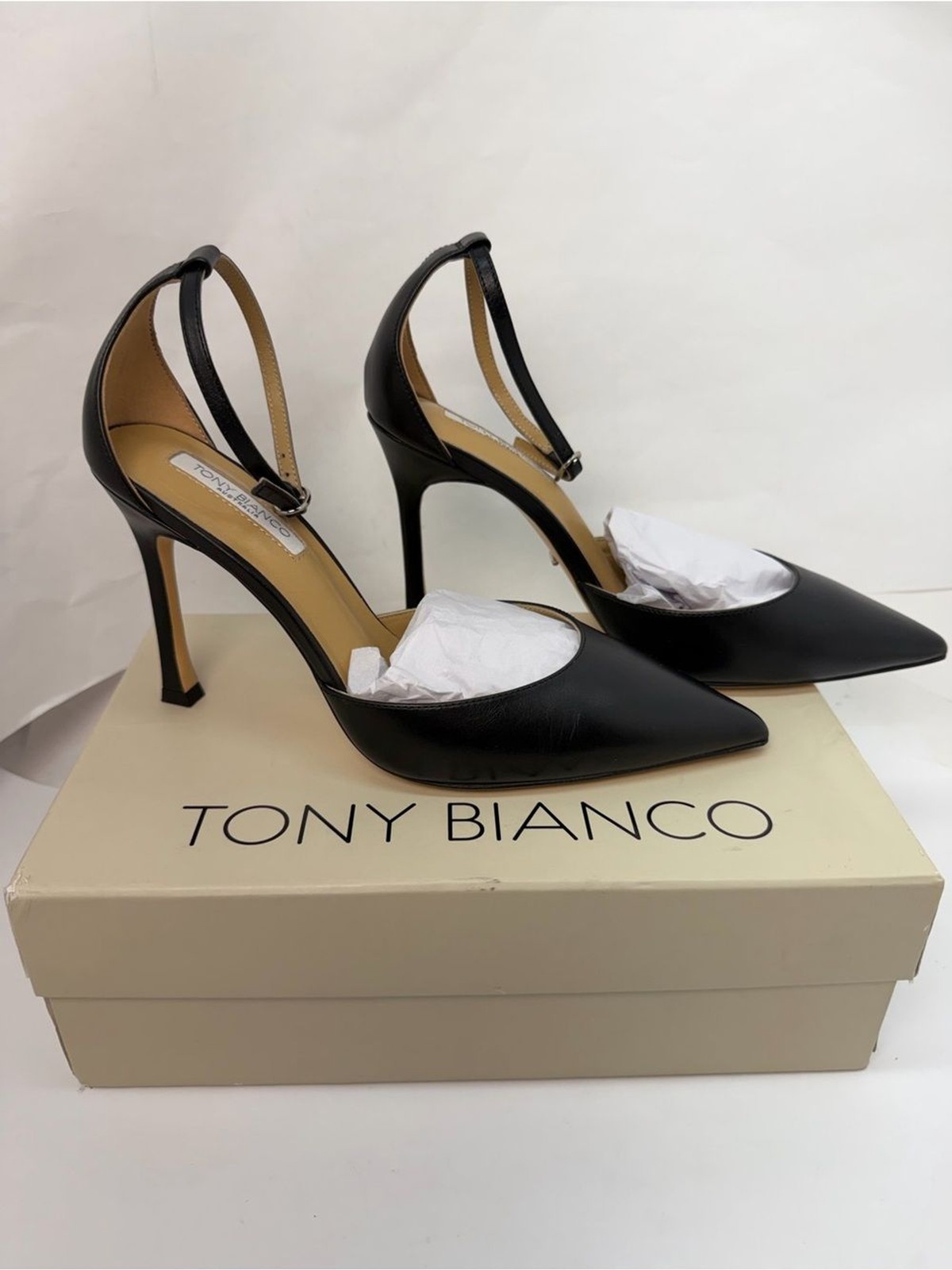 Tony Bianco Aztec Heel in Black Como leather high heel ankle strap pointed toe