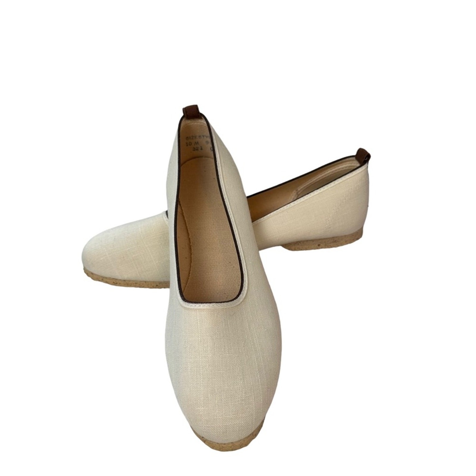 Canvas Ballet Flats Womens Size 10 Textured Rubber Outsole Cream Brown