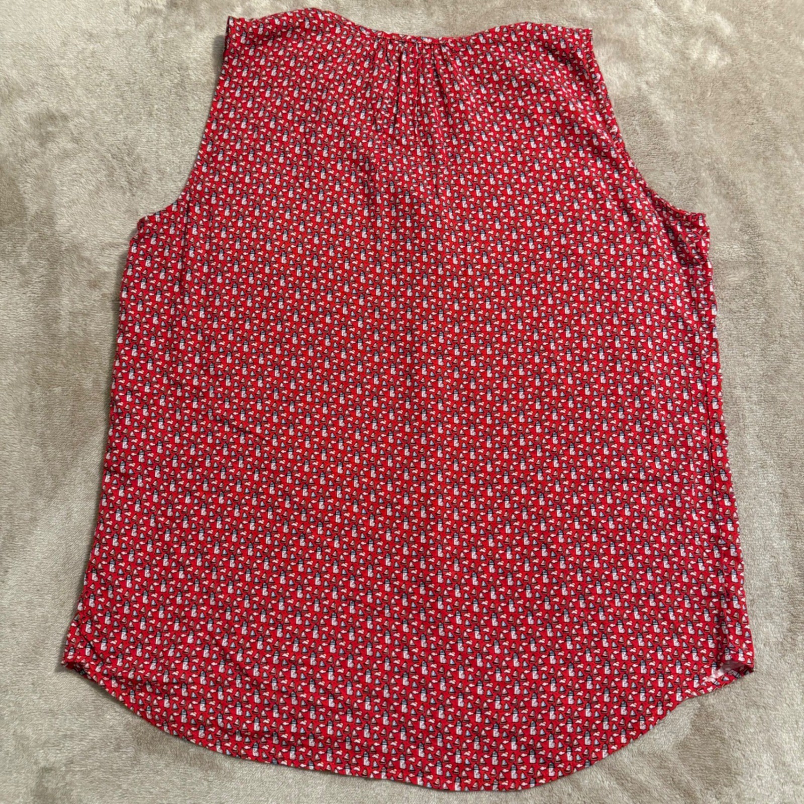 Grand & Greene Womens Red Nautical Lighthouse Sailboat Print Sleeveless Blouse L