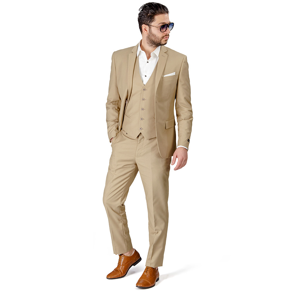 Tan Beige Slim Fit Men Suit 2 Button Notch Lapel Azar Man Vest Optional 4030-10