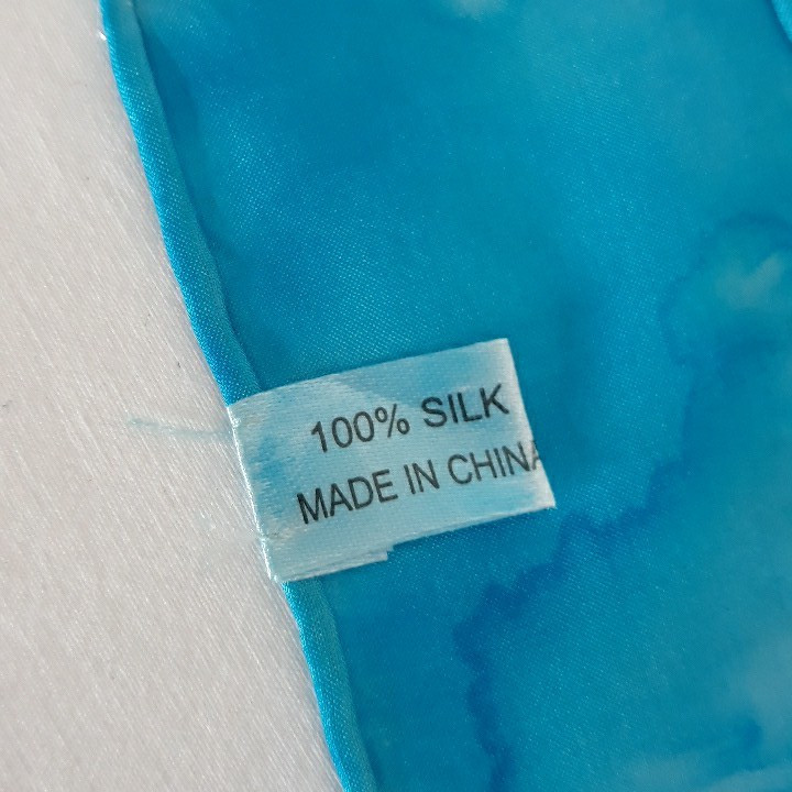 Hand Painted Batik Long Silk Scarf Turquoise Blue Floral 8×54 Rolled Hem