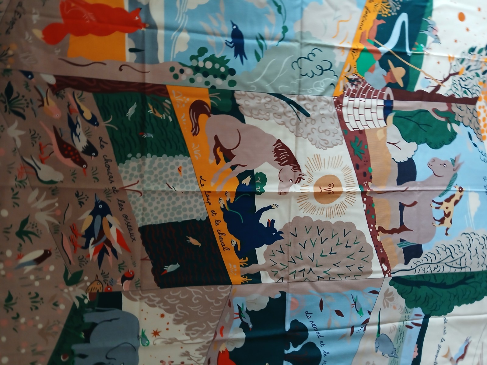 HERMES Shawl 140 Le Livre d’Esope Cashmere Silk Scarf Orange Multicolor Stole