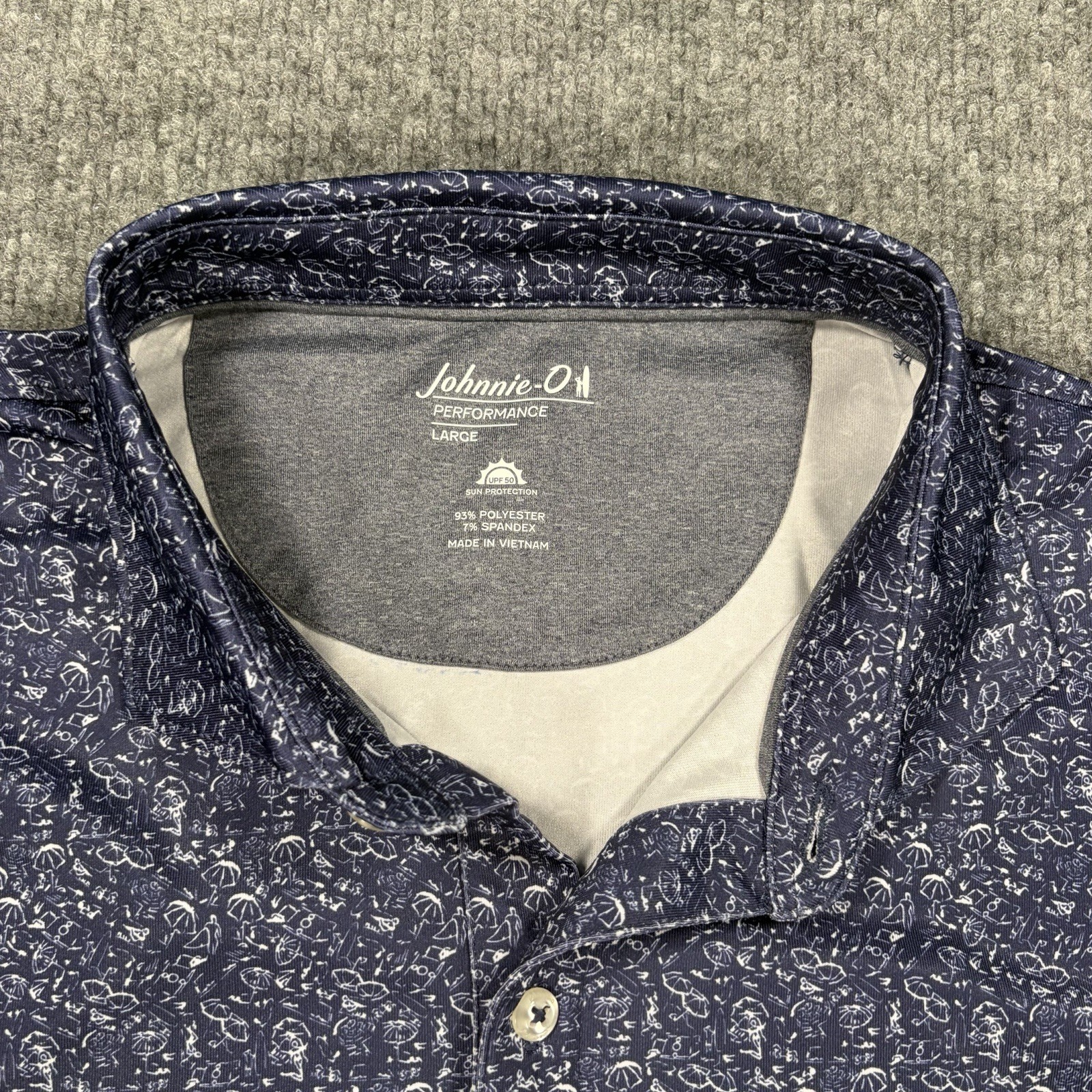 NWT Johnnie-O Performance Polo Mens L Blue Graphic Golf Shirt Stretch Tech