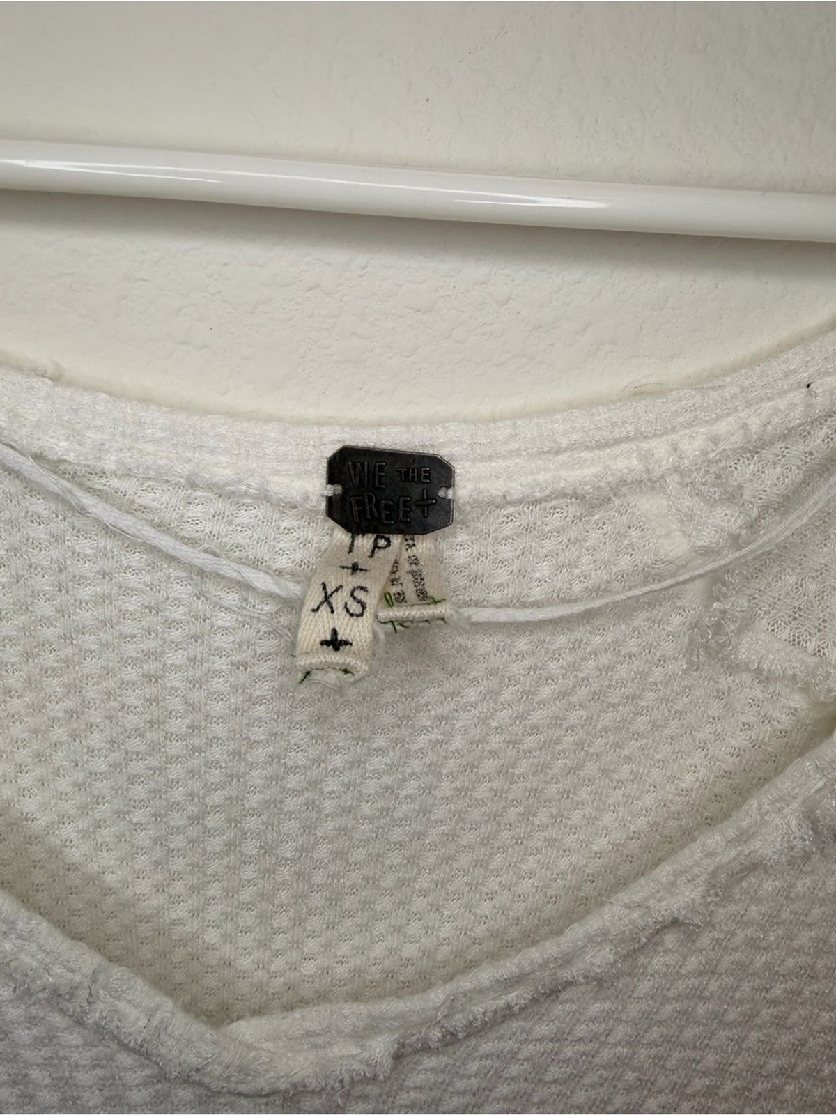 We The Free Waffle Knit V-Neck Ruffle Hem Long Sleeve Top White XS Boho