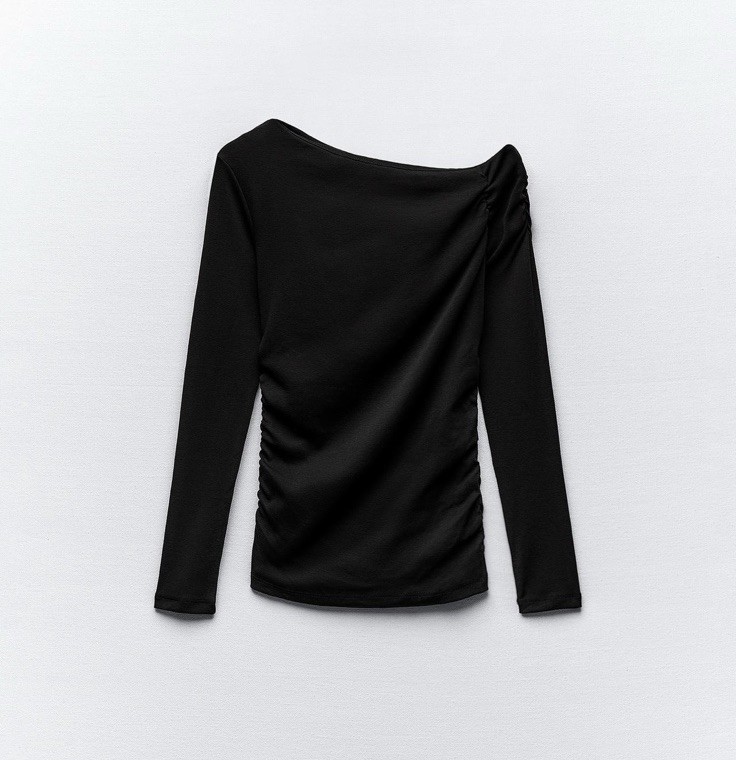 Zara Ruched Long Sleeve Top Women Large Black Modern Asymmetrical Ribbed