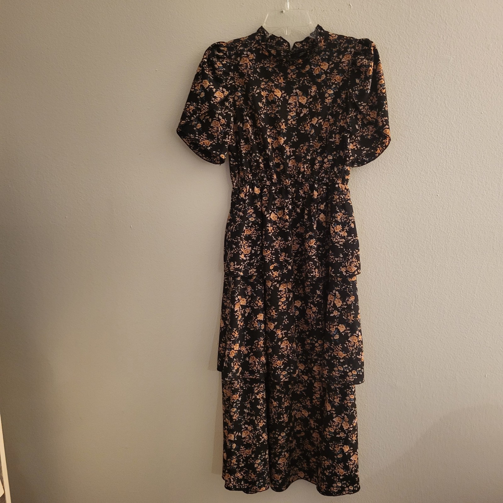 Ditsy black floral Petal Sleeve Layered Midi Dress small Prairie Forest Fairy