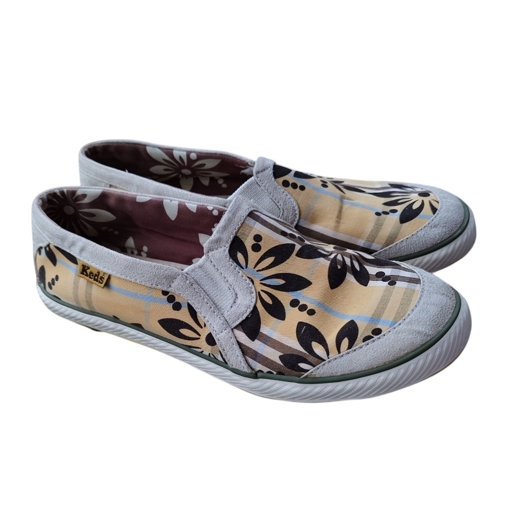Keds Island Plaid Floral Double Decker Slip-On Sneakers Brown And Butter Yellow