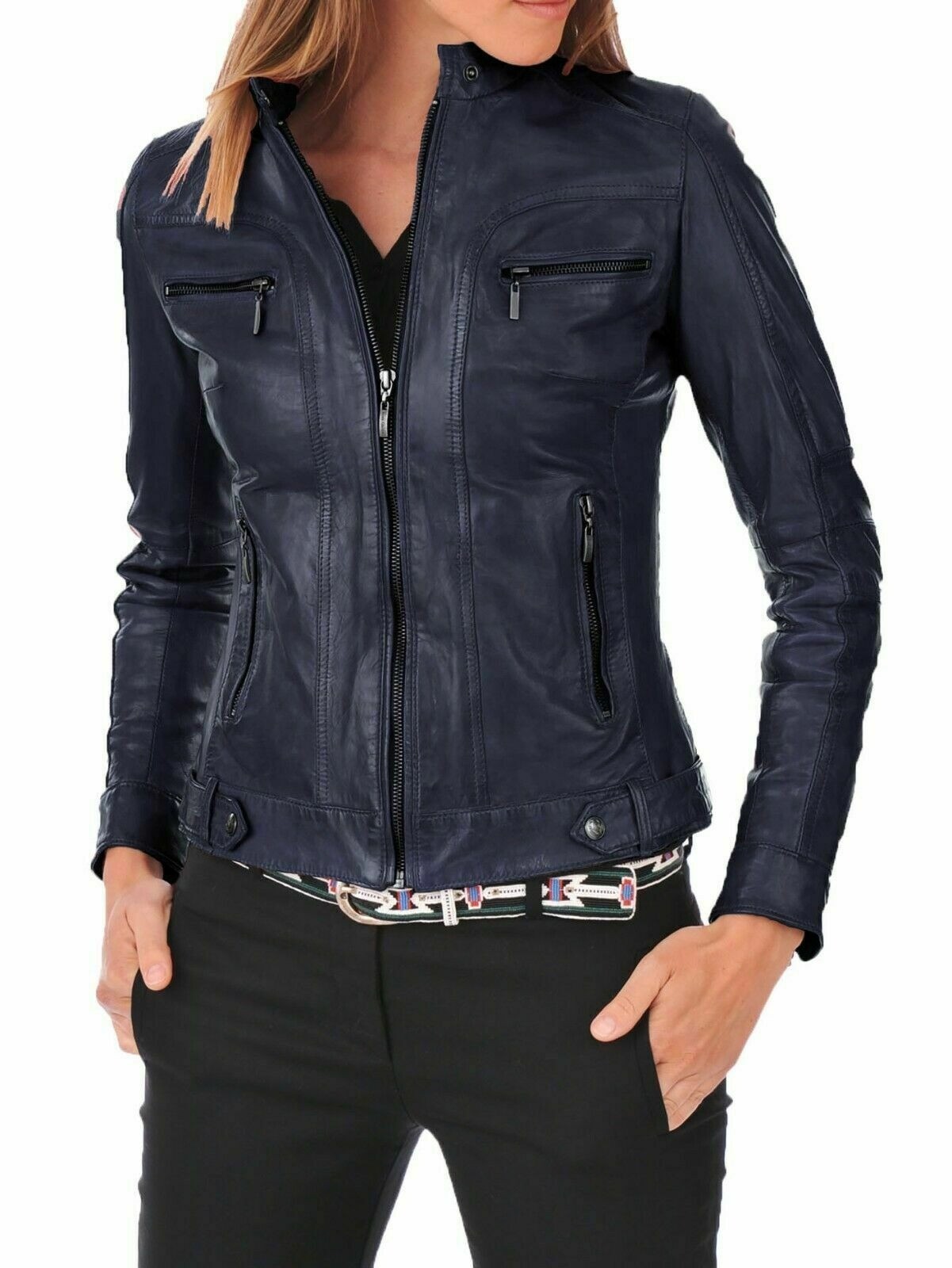 Premium Navy Blue Women’s Leather Jacket 100% Genuine Lambskin Biker Design