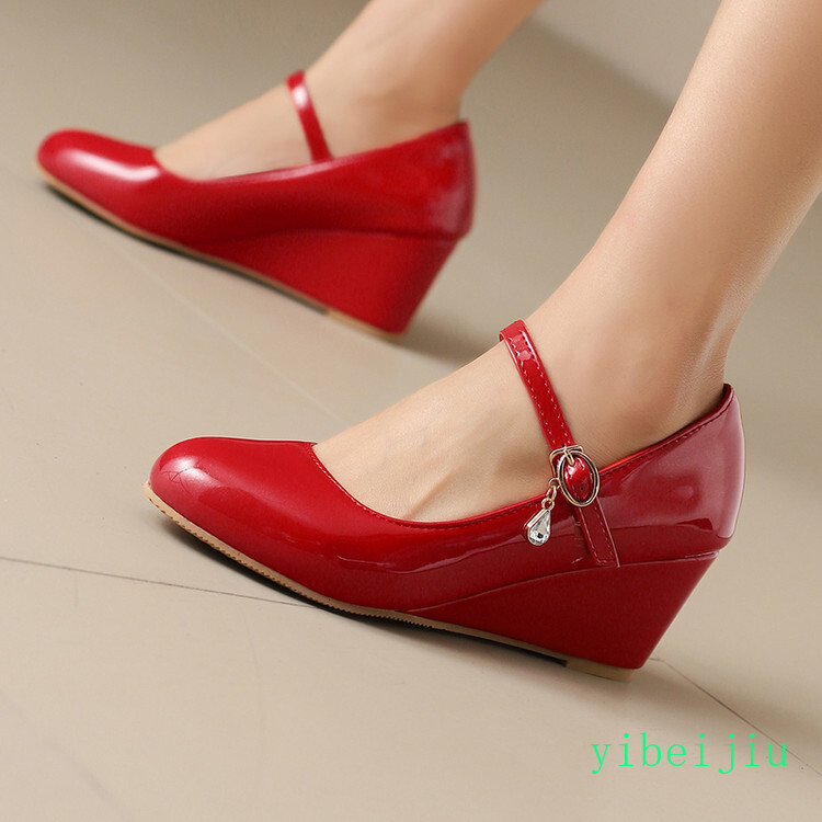 Women’s Mid Wedge Heels Mary Jane Shiny Leather Dress Wedding Shoes Rhinestone