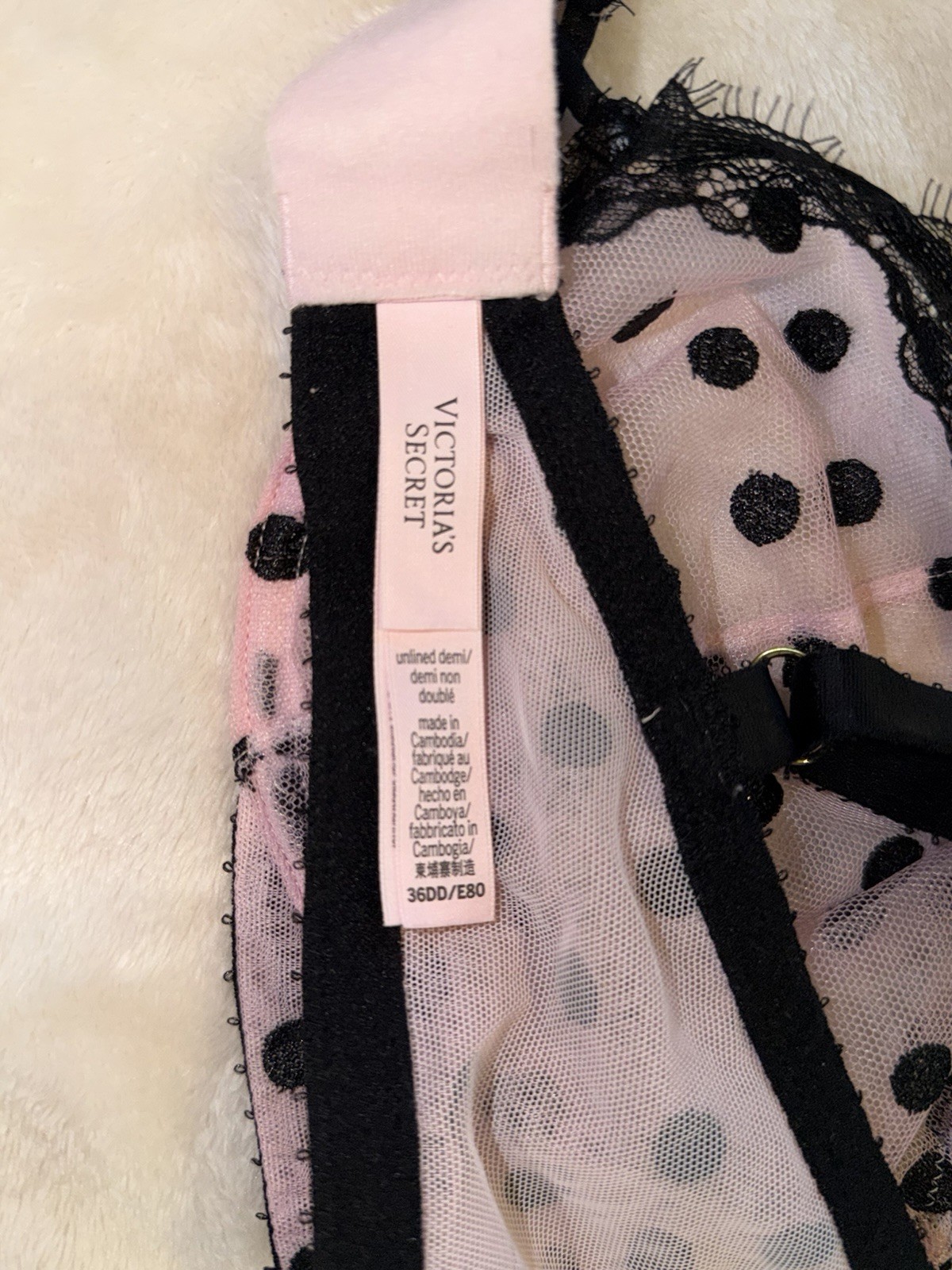 Victoria’s Secret 36DD Unlined Underwire Bra Set Mesh Lace Pink/Black Polka