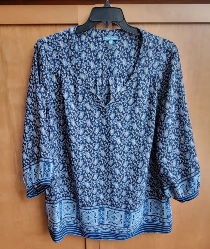 Fleur Bleue Blouse Womens 2X Blue Floral Boho Tunic 3/4 Sleeve V-Neck Pullover