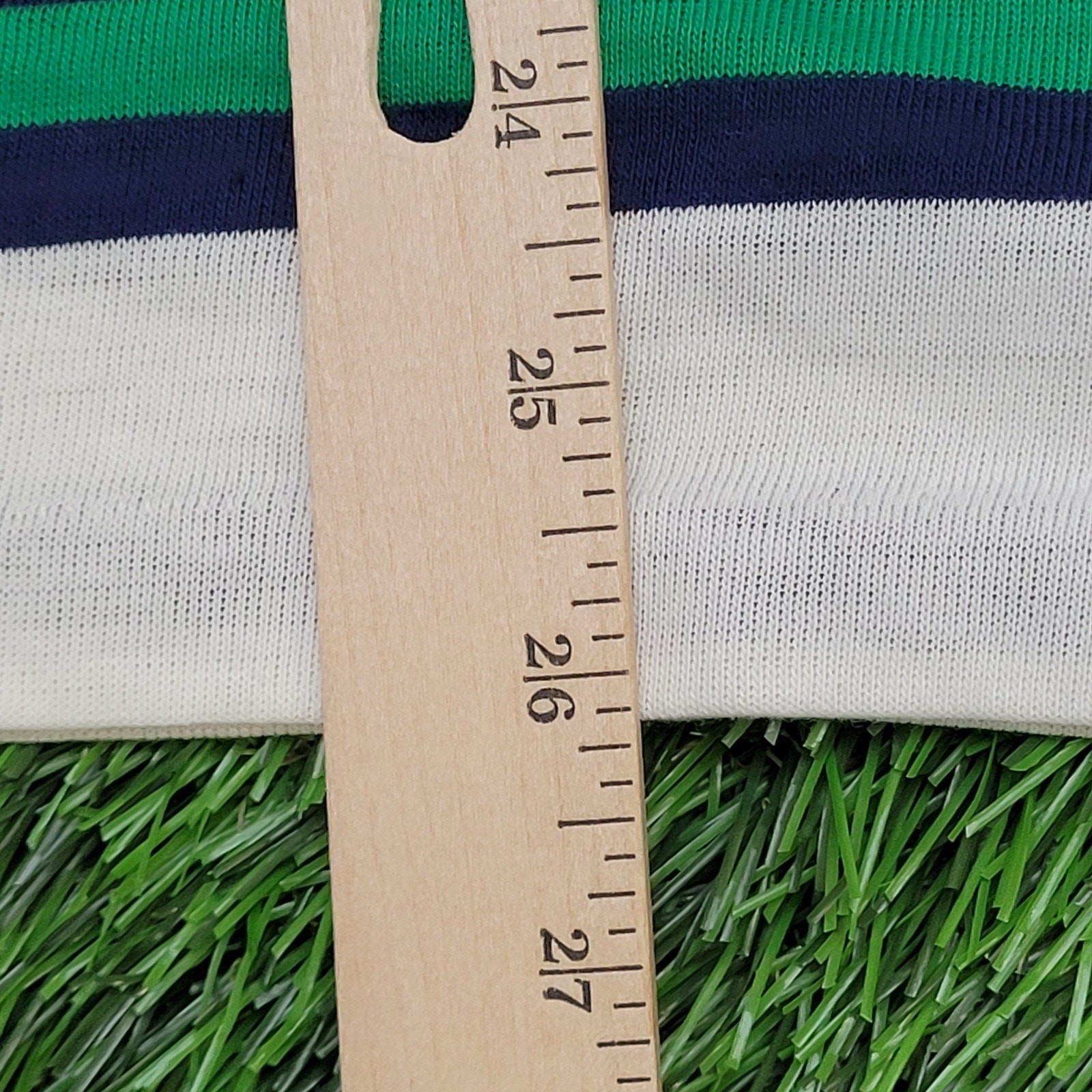 Vintage 90s MOD Polo Shirt Large 21×26 Green White Blue Stripes